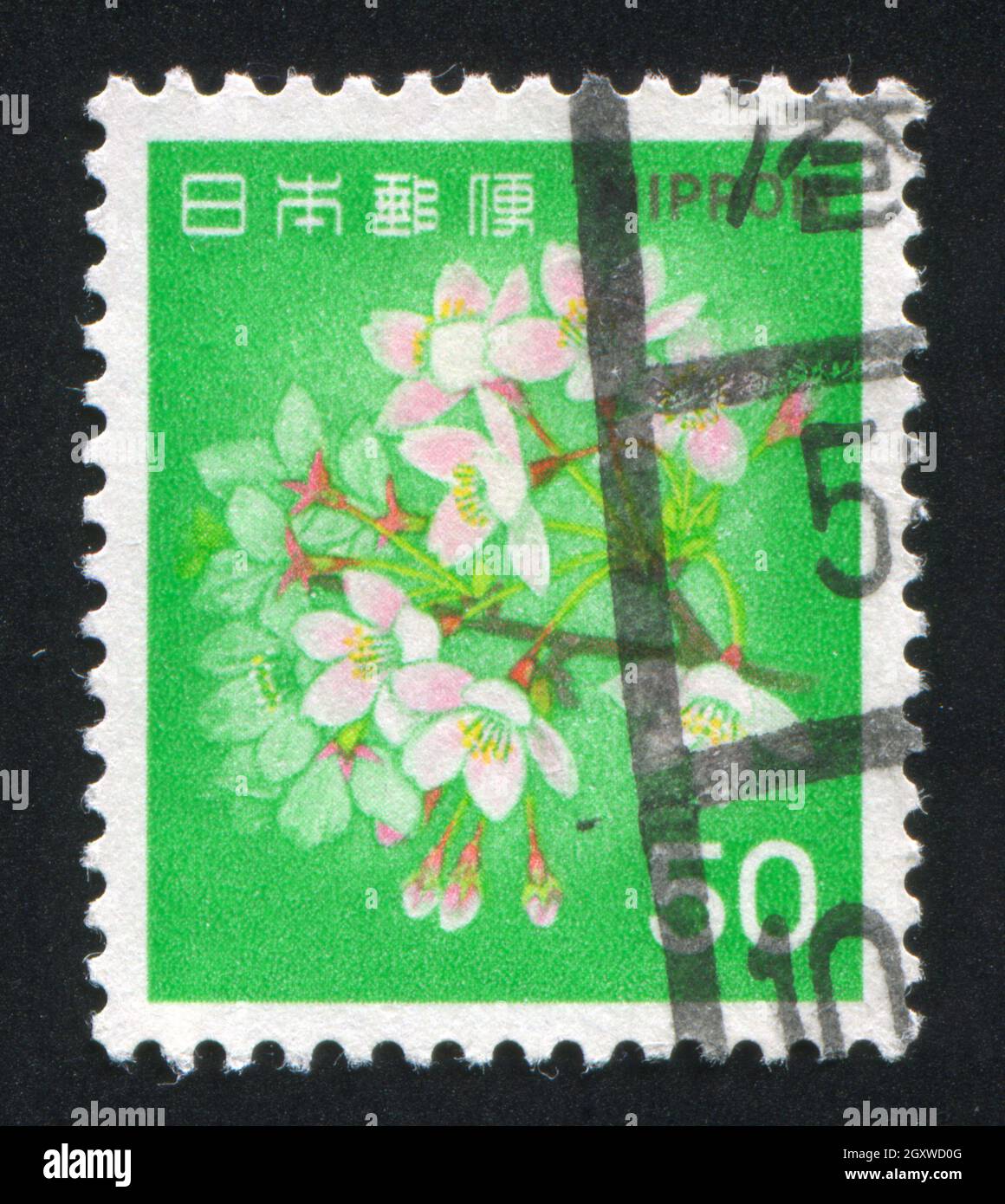 JAPON - VERS 1980: Timbre imprimé par le Japon montre des cerisiers en fleurs, vers 1980 Banque D'Images