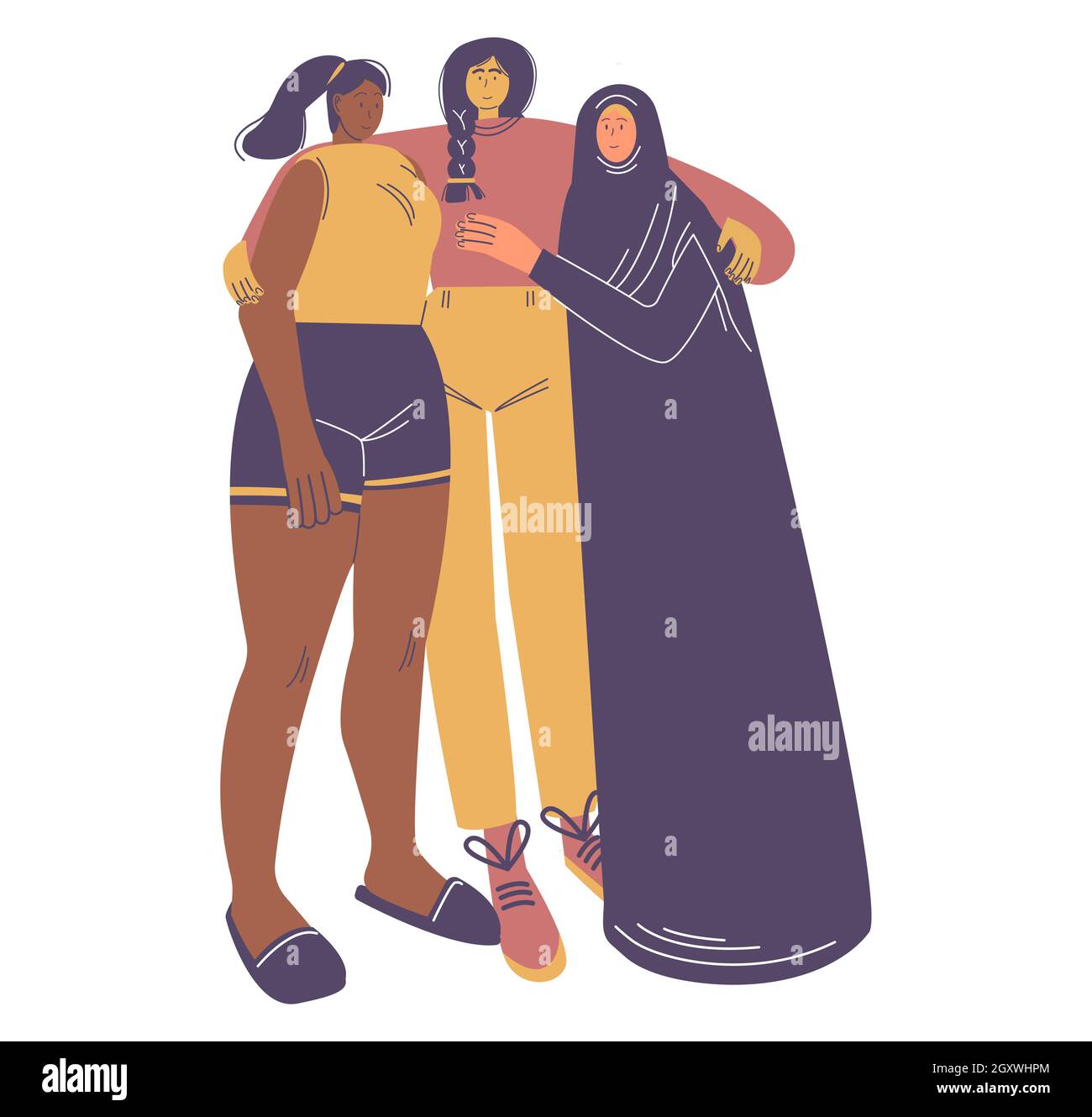 Joyeuses filles diverses qui s'embrasent ensemble.Journée internationale de la femme, 8 mars, féminisme, droits des femmes, illustration vectorielle. Illustration de Vecteur
