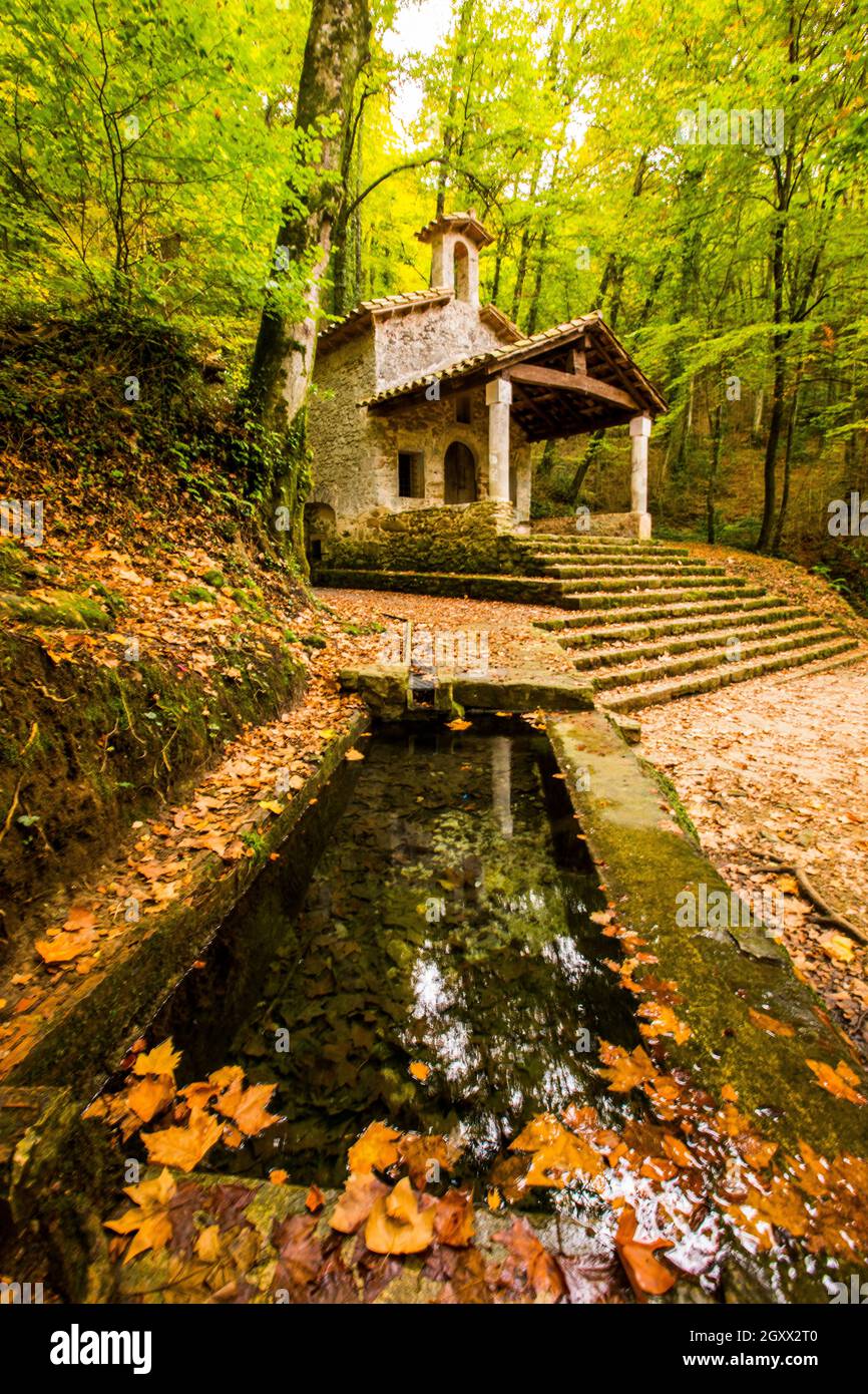 Église Sant Marti del Corb dans une forêt luxuriante, la Garrotxa, Gérone, Espagne Banque D'Images