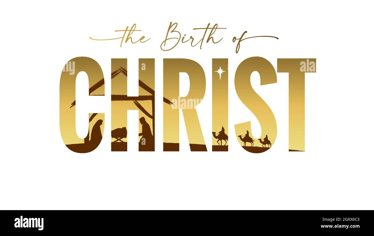 The Birth of Christ Golden élégante lettering card. Scène de Nativité avec silhouette de couleur or Jésus en mangeur, berger et hommes sages. L'histoire de Noël Illustration de Vecteur