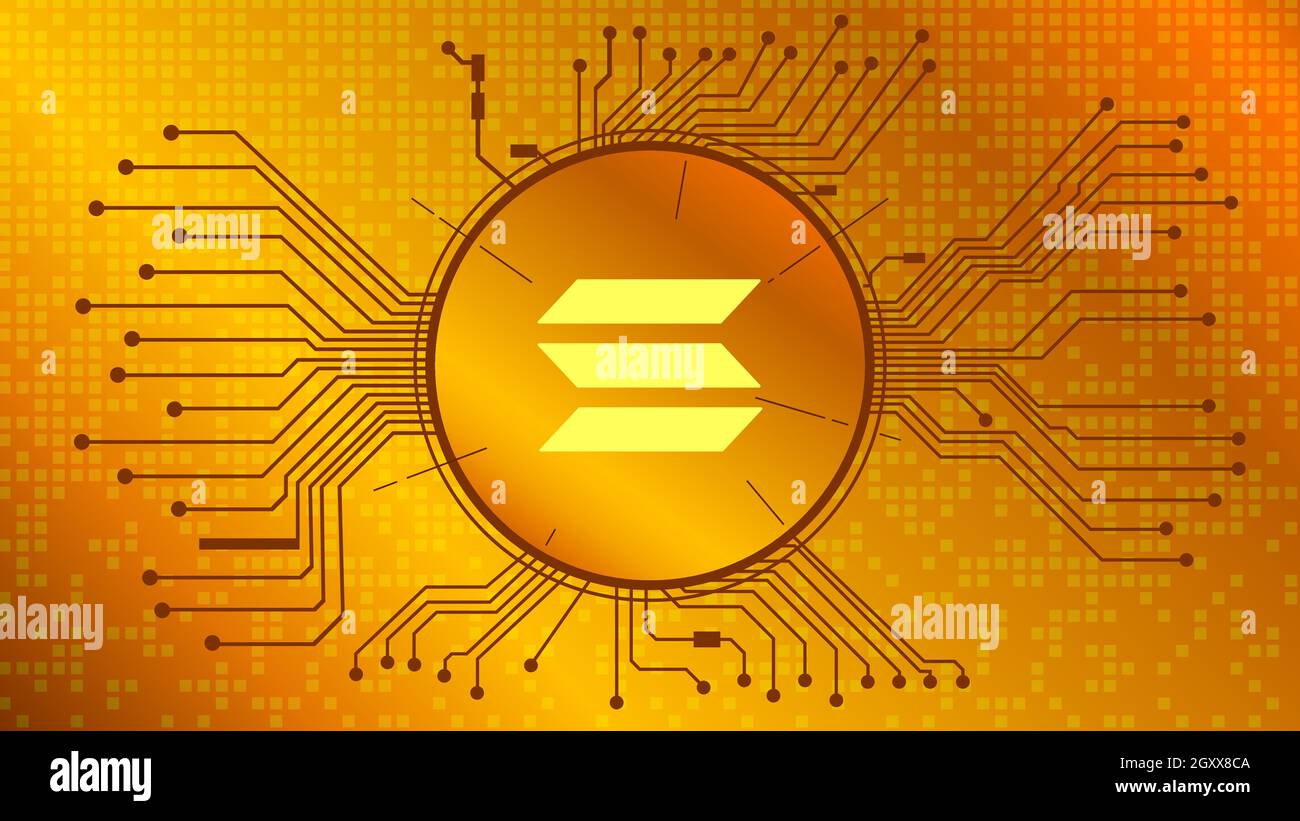 Symbole de jeton de crypto-monnaie sol Solana en cercle avec pistes PCB sur fond doré. Icône de pièce de monnaie. Illustration vectorielle. Illustration de Vecteur