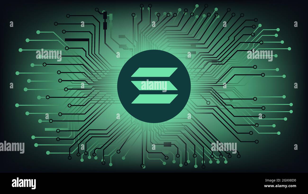 Symbole de jeton de crypto-monnaie sol Solana en cercle sur fond numérique abstrait avec pistes pcb. Icône de pièce de monnaie. Illustration vectorielle. Illustration de Vecteur