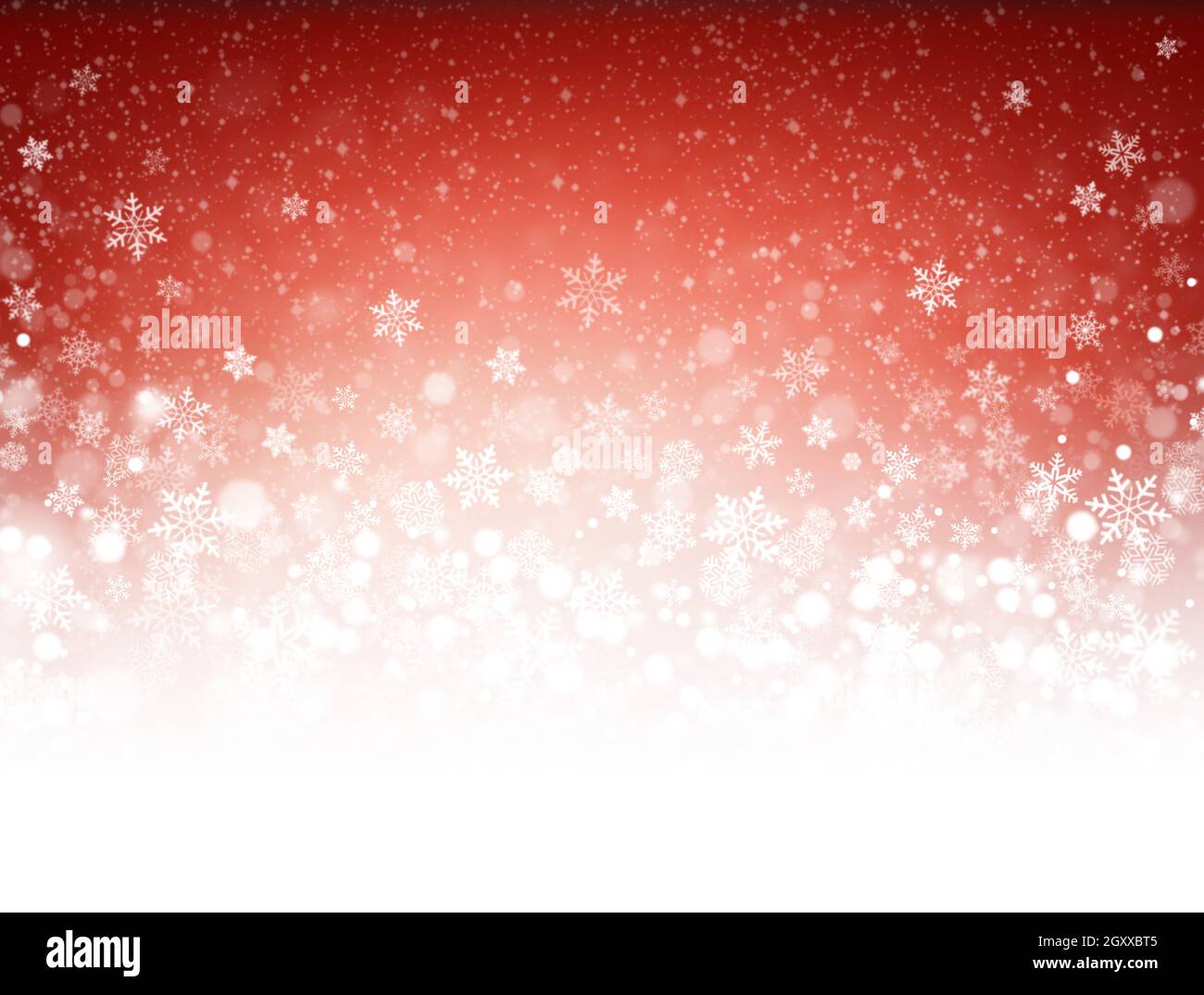 Flocons de neige et neige en poudre sur fond rouge gelé - matériel de Noël Banque D'Images