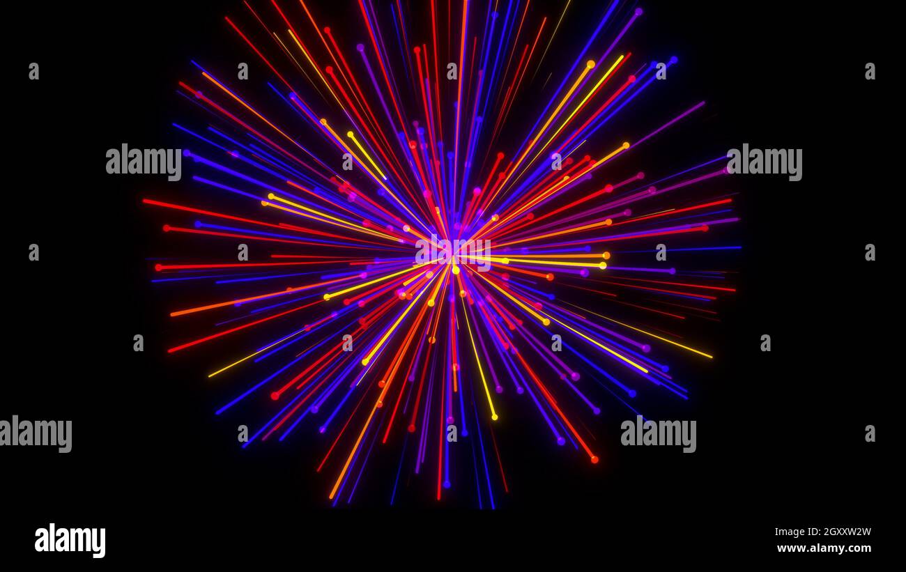 Des rayures 3D géométriques lumineuses volent vers les côtés. Inflorescence abstraite du festival Digital Sunburst. Ornement éclat d'étoile de l'espace éclatée avec ra Banque D'Images