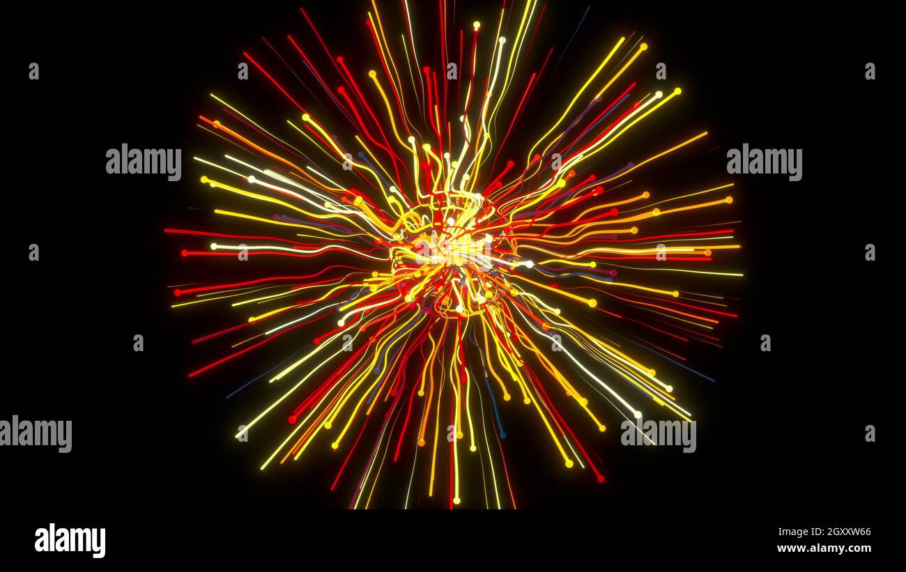 Des rayures 3D géométriques lumineuses volent vers les côtés. Inflorescence abstraite du festival Digital Sunburst. Ornement éclat d'étoile de l'espace éclatée avec ra Banque D'Images