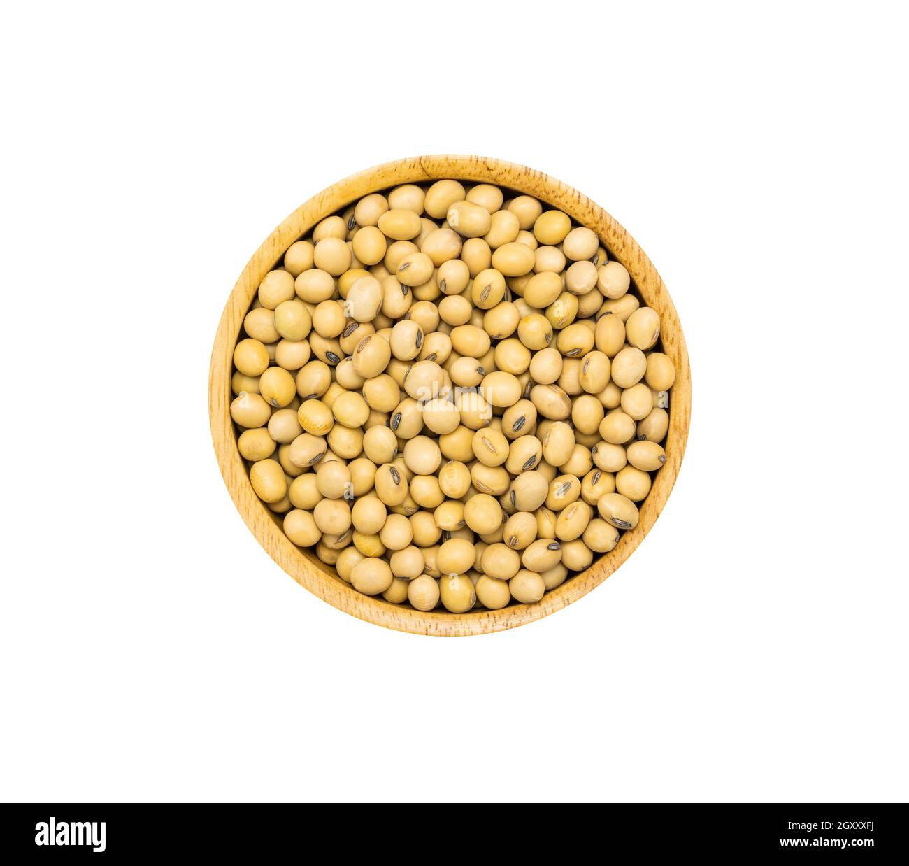Soja dans un bol en bois marron isolé sur fond blanc, vue de dessus.Concept de super alimentation biologique saine Banque D'Images