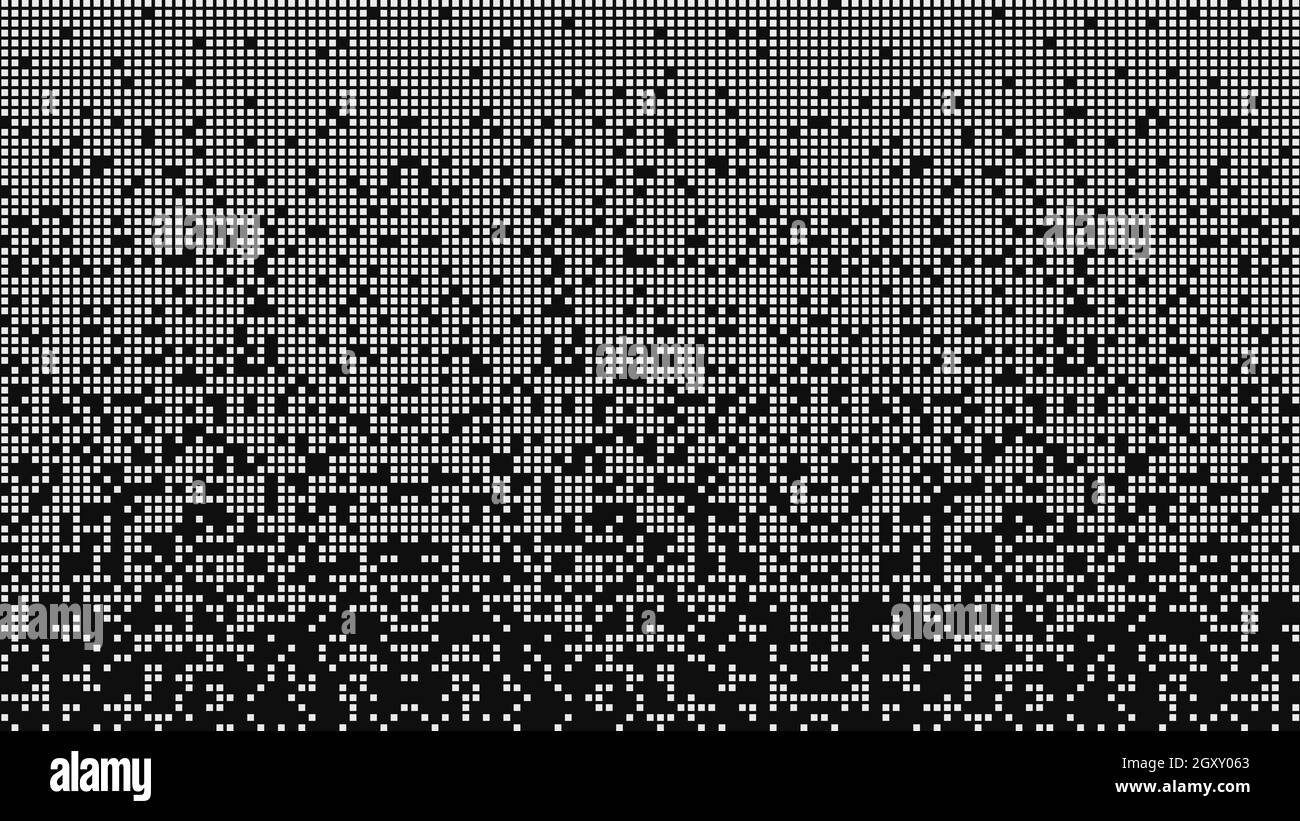 Blocs blancs de matrice fragmentée descendant sur fond noir. Il ressemble à un défragmenteur de disque ou à un jeu de tetris. Arrière-plan vectoriel horizontal. Banque D'Images