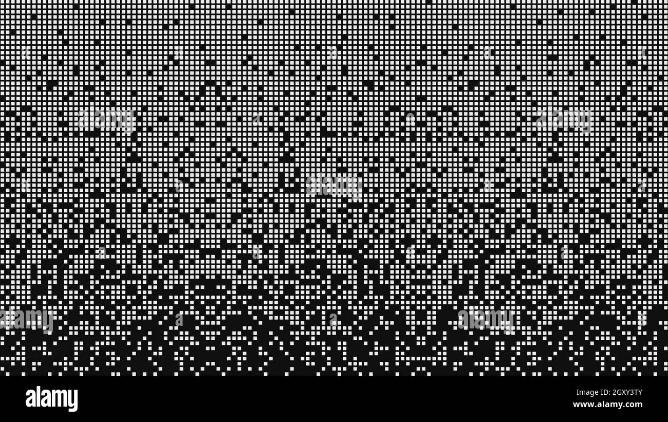Blocs blancs de matrice fragmentée descendant sur fond noir. Il ressemble à un défragmenteur de disque ou à un jeu de tetris. Arrière-plan vectoriel horizontal. Illustration de Vecteur