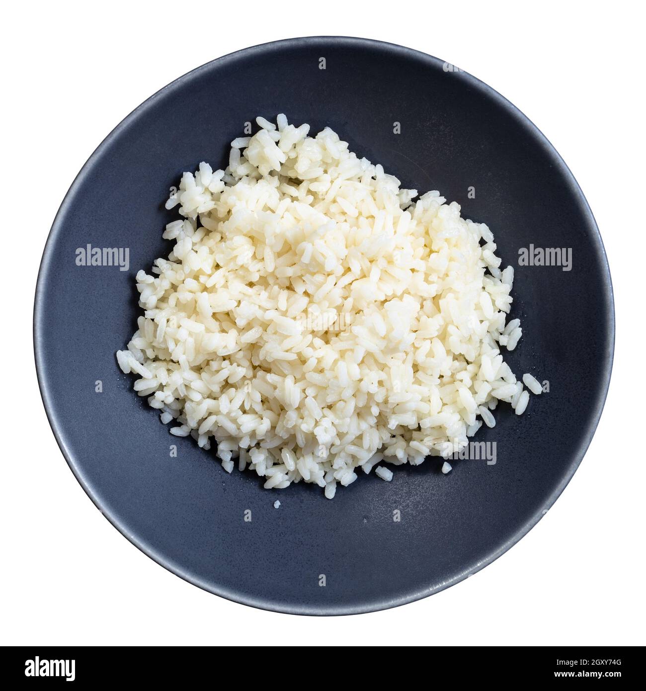 vue de dessus de porridge cuit du riz étuvé dans le gris bol isolé sur fond blanc Banque D'Images