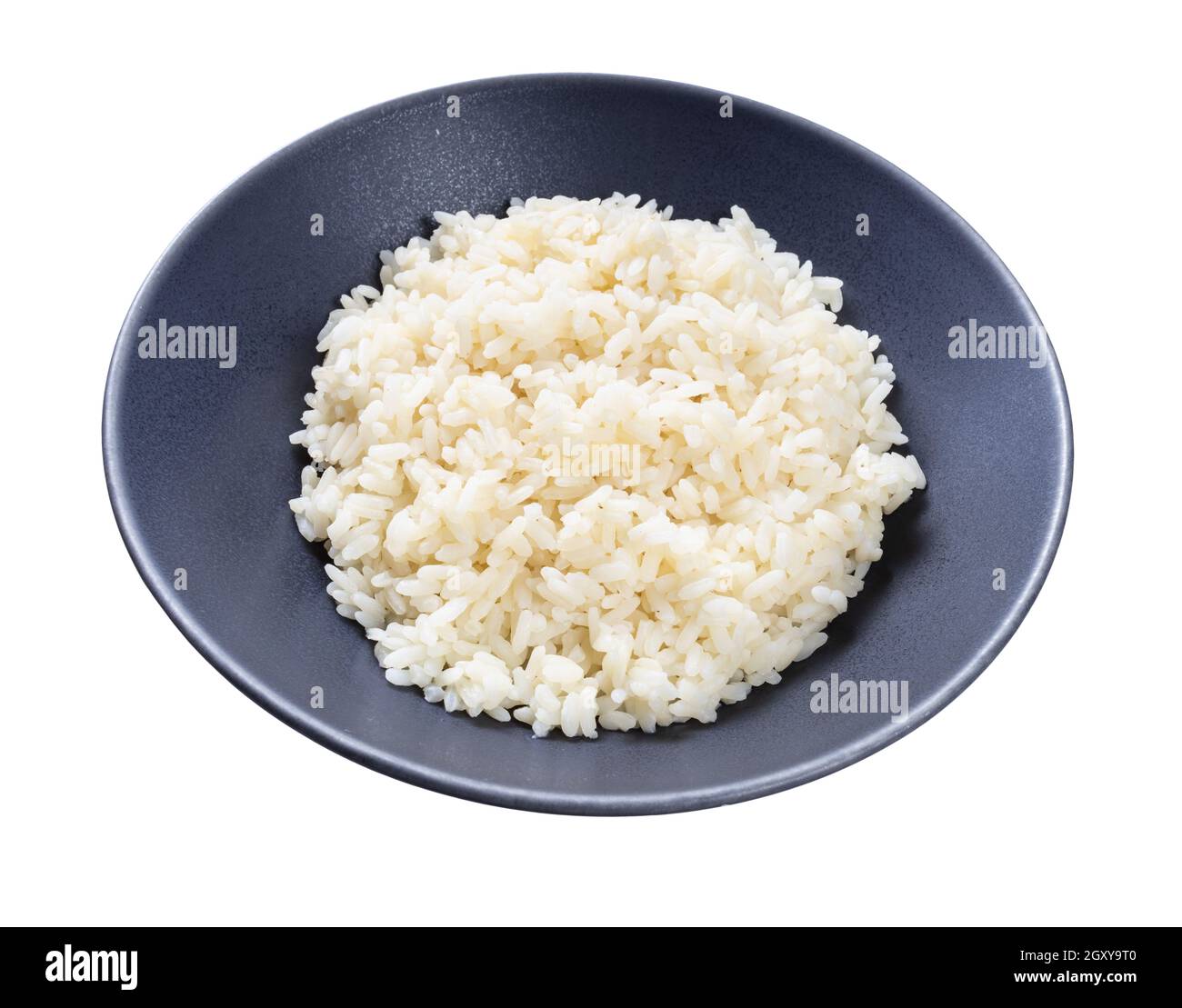 riz cuit à la coque dans un bol gris isolé sur fond blanc Banque D'Images