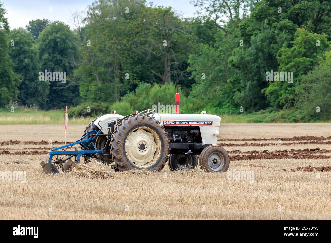 Middleshaw, Écosse - 16 août 2020 : tracteur Old David Brown 990 équipé d'une charrue hydraulique à deux sillons Banque D'Images