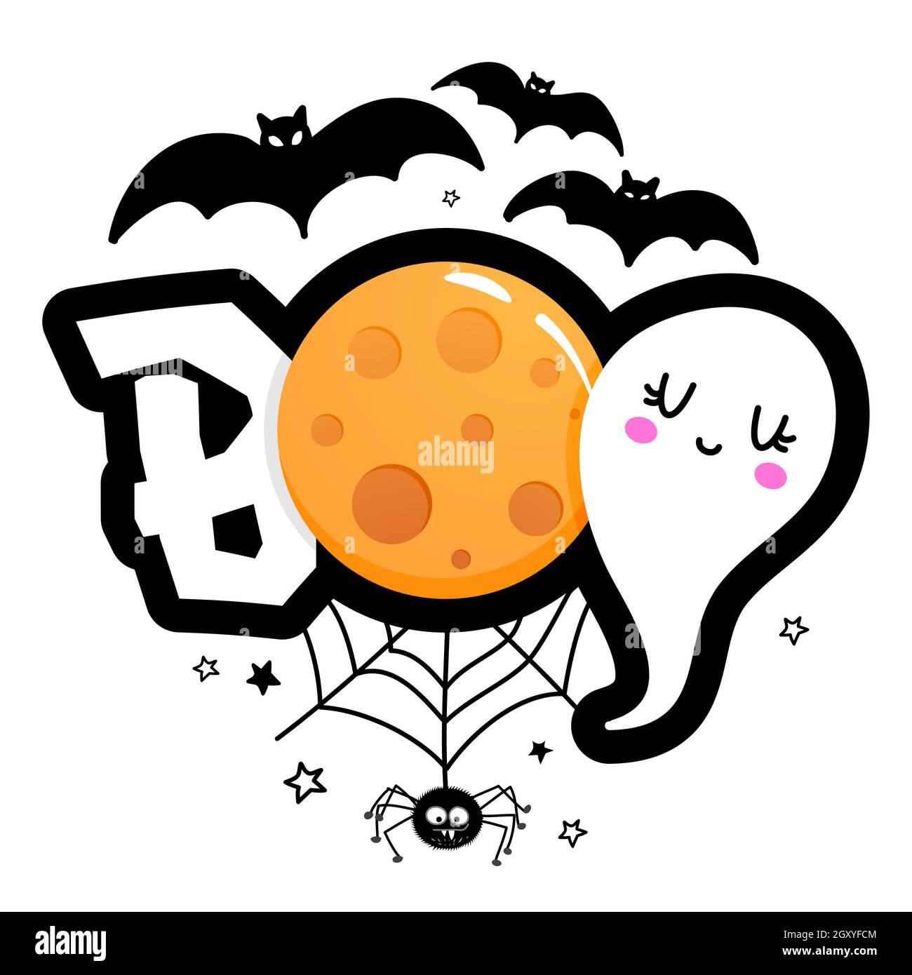 Boo - Joyeux halloween citation sur fond blanc avec une jolie araignée suspendue, maïs bonbon et pleine lune jaune.Bon pour t-shirt, mug, bannière, cadeau, pri Illustration de Vecteur