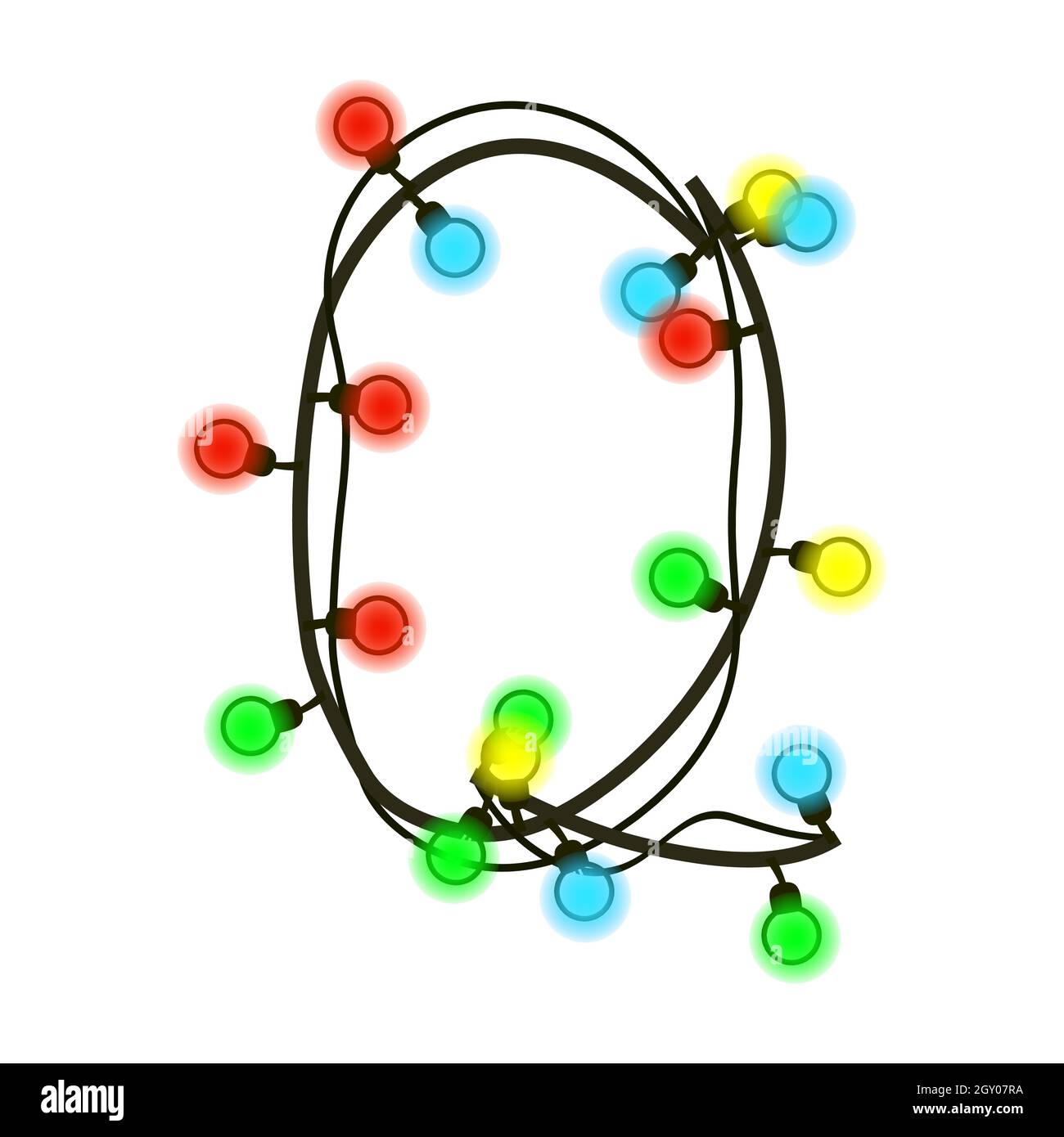 Lettre majuscule Q de guirlande isolée sur blanc. Ampoules colorées sur les fils. Police manuscrite de Noël pour le texte ou le logo. Vecteur EPS 10. Illustration de Vecteur