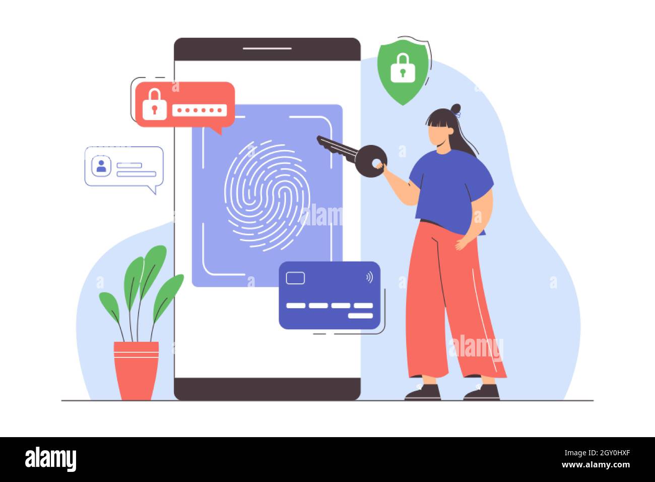 Protection des données avec identification biométrique. Système de sécurité par empreinte digitale sur le smartphone pour une authentification et des transactions sécurisées. La femme plate fournit la clé pour accéder aux données. Technologie de lecture d'ID. Illustration de Vecteur