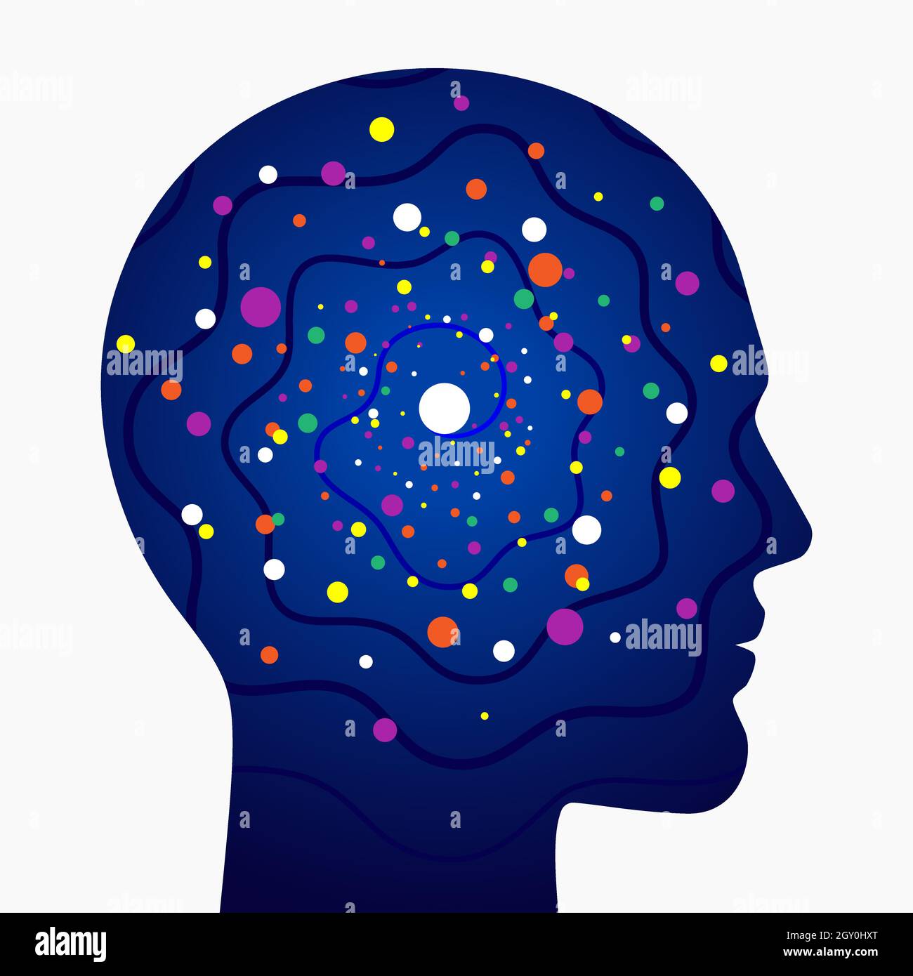 Réseau neuronal synapses colorées dans la tête humaine. Illustration vectorielle scientifique abstraite de la personne, liée à la biologie du cerveau, à la psychologie et à l'imagination. Illustration de Vecteur