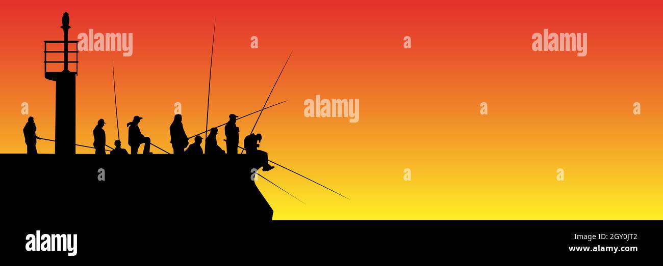 Silhouettes de pêcheurs avec cannes à pêche sur la jetée avec phare contre le coucher du soleil. Il y a beaucoup de gens avec de longues cannes à pêche avec un espace de copie. Illustration de Vecteur