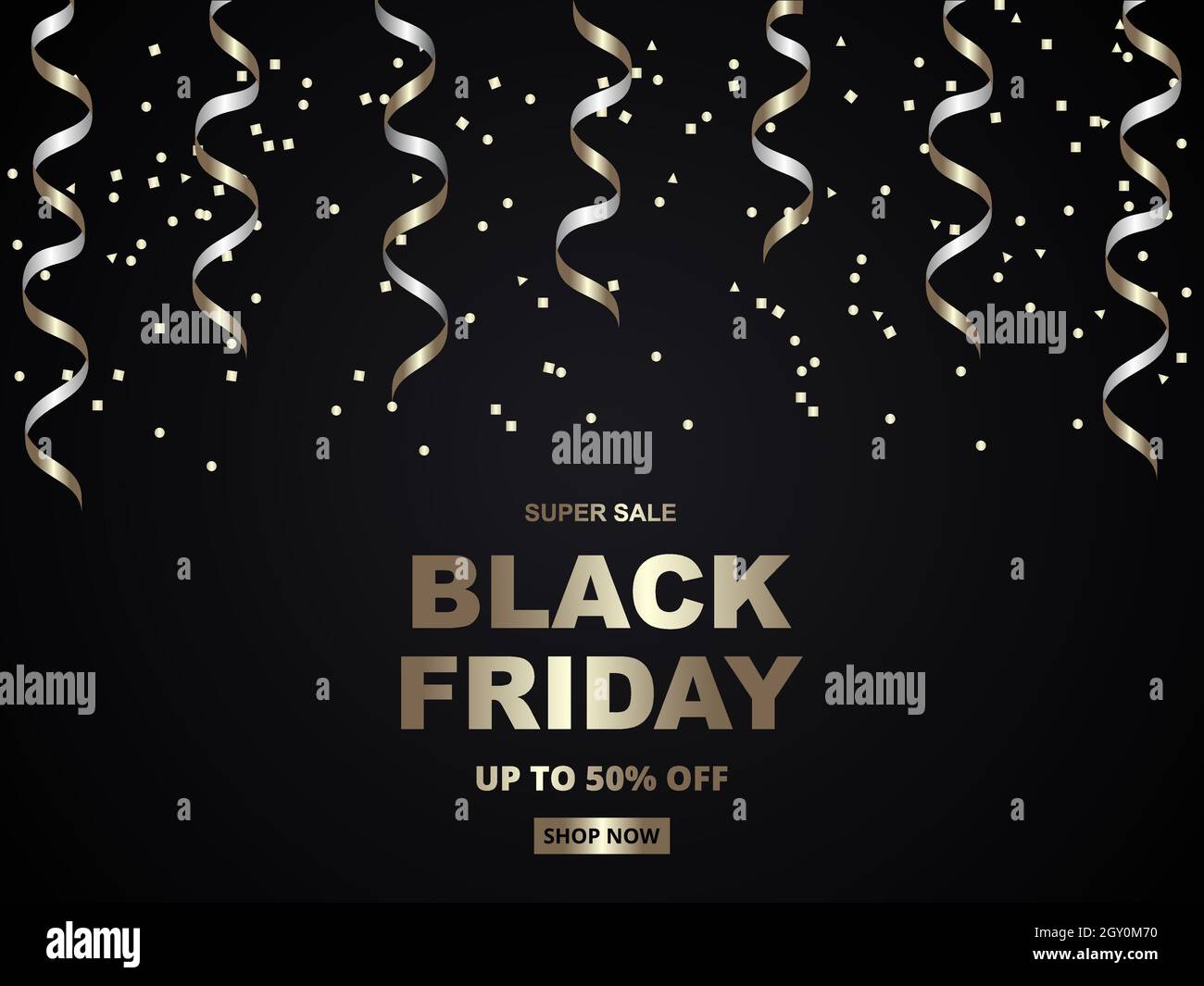 Vendredi noir, modèle de bannière de fête. Fond doré noir de luxe avec confetti. Solde jusqu'à 50 % de réduction. Illustration de Vecteur