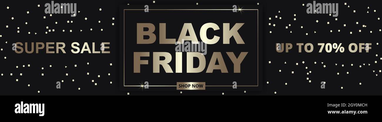 Vendredi noir, modèle de bannière festive large. Le vendredi noir est luxueux, doré foncé et large, avec des confettis. Solde jusqu'à 50 % de réduction. Illustration de Vecteur