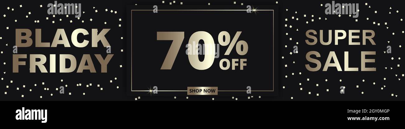 Modèle de bannière large pour le Vendredi fou et les fêtes dorées. Solde jusqu'à 70 % de réduction. Le vendredi noir est luxueux, doré foncé et large, avec des confettis. Illustration de Vecteur