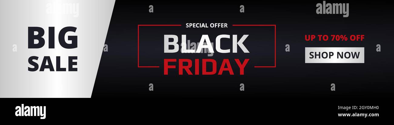 Vendredi noir, modèle de bannière large. Bannière verticale noire vendredi foncé, rouge et argent. Grande vente, offre spéciale, jusqu'à 70 % de réduction. Illustration de Vecteur