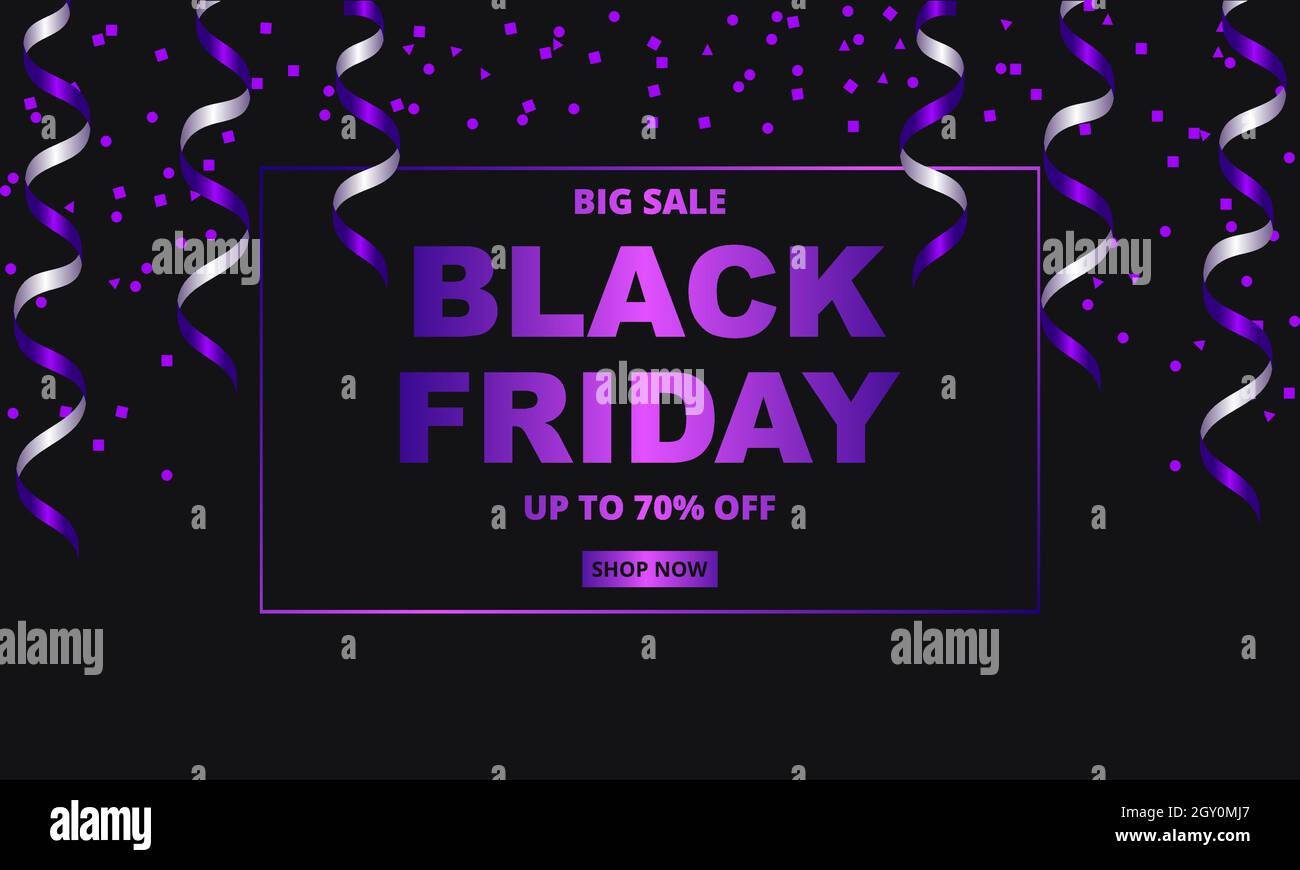 Vendredi noir, modèle de bannière violet de fête. Fond de vacances noir vendredi foncé et violet. Jusqu'à 70 % de réduction sur les grosses ventes. Illustration de Vecteur