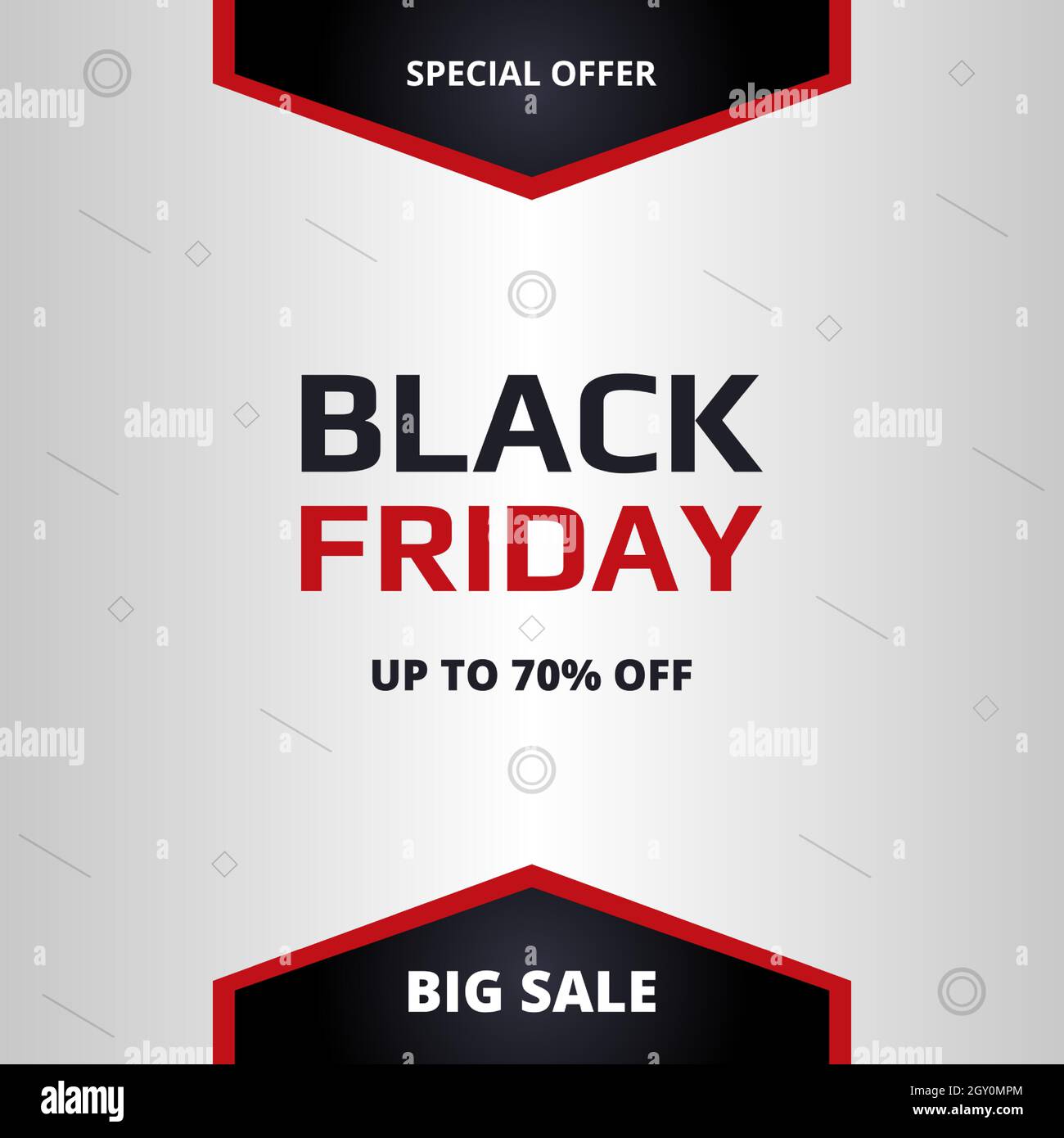 Vendredi noir, modèle de bannière sur fond blanc. Black friday, bannière blanche, avec formes géométriques abstraites. Solde jusqu'à 70 % de réduction. Illustration de Vecteur