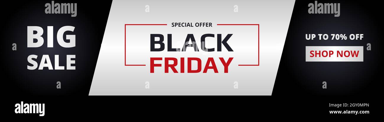 Vendredi noir, bannière large. Modèle de bannière verticale noire vendredi foncé, argent et rouge. Grande vente, offre spéciale, jusqu'à 70 % de réduction. Illustration de Vecteur