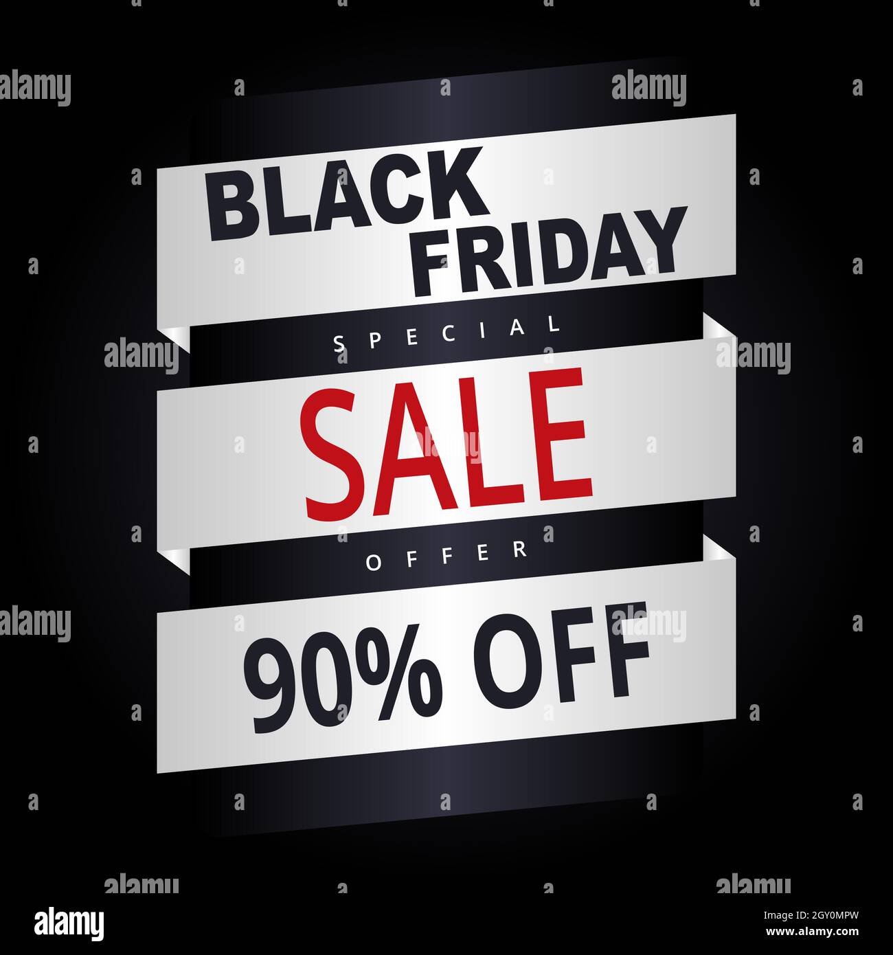 Vendredi noir, bannière abstraite. Modèle de bannière noire vendredi foncé avec des formes de papier blanc sur un arrière-plan dégradé noir. Solde jusqu'à 90 % de réduction. Illustration de Vecteur