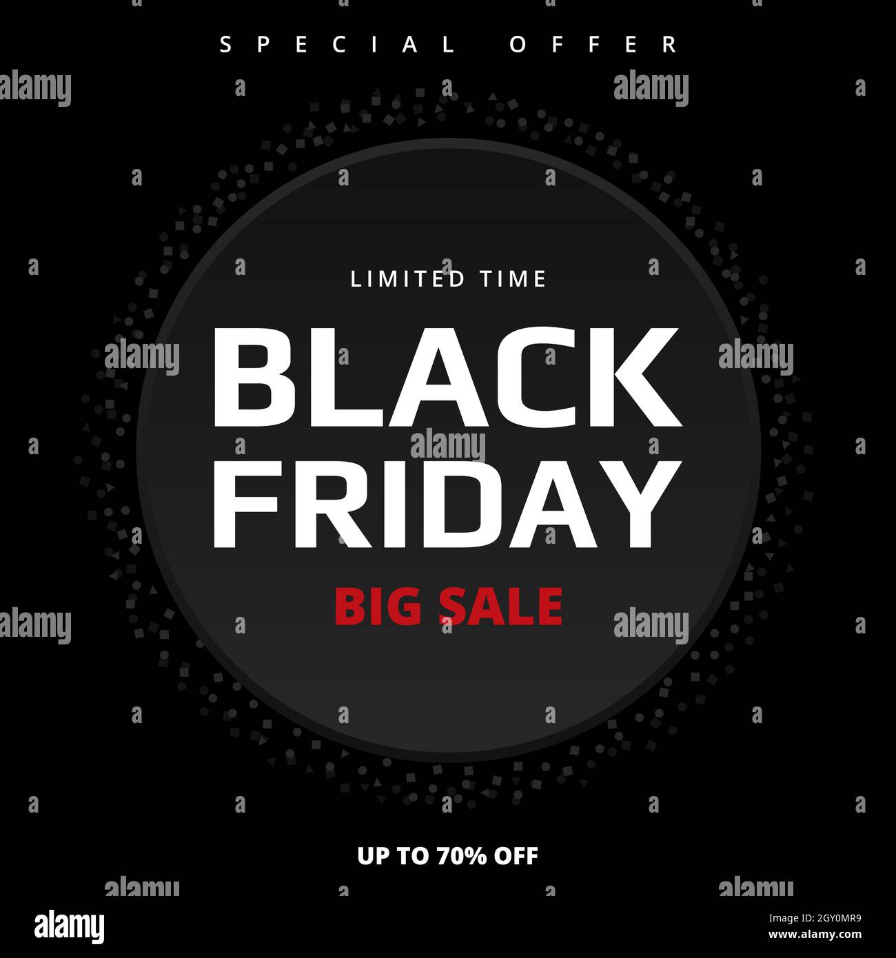 Vendredi noir, modèle de bannière sur fond noir. Black friday, bannière noire avec cercle, jusqu'à 70 % de réduction sur la vente. Illustration de Vecteur