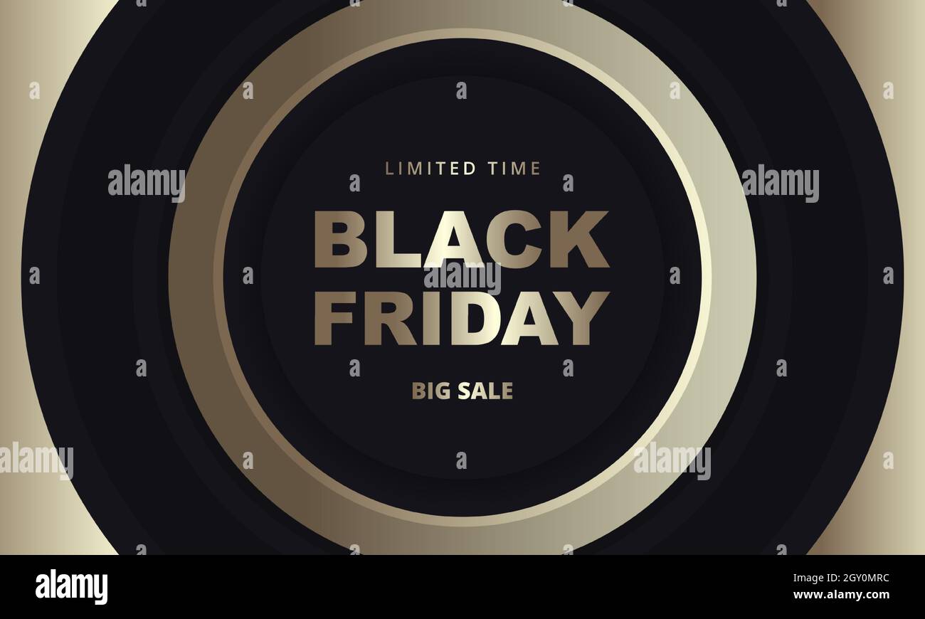Bannière dorée noire le vendredi. Modèle de bannière de luxe pour le Vendredi noir avec cercles noirs et or sur fond sombre. Illustration de Vecteur