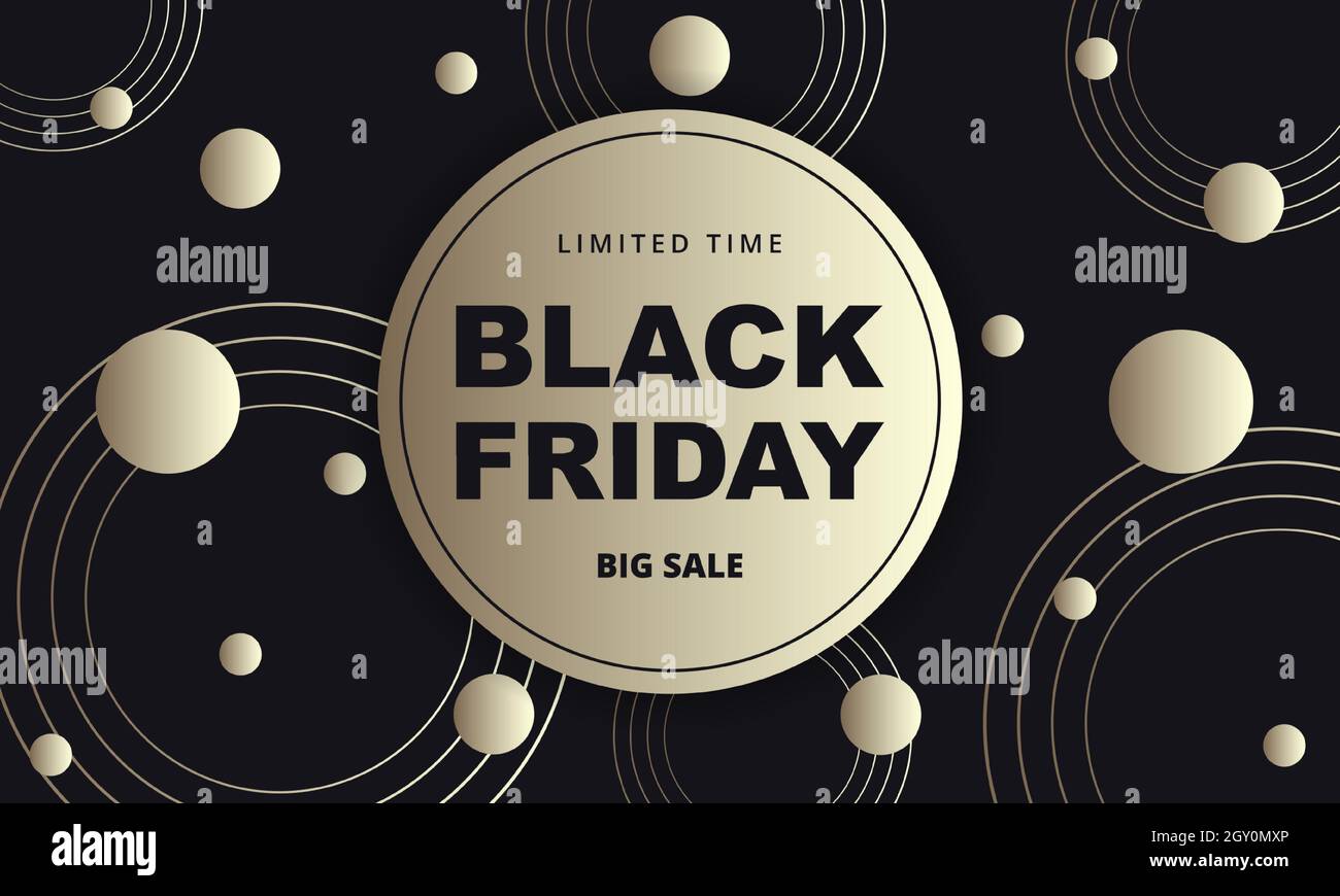 Bannière abstraite d'or foncé de vendredi noir. Modèle de bannière de luxe pour le Vendredi noir avec cercles abstraits en noir et or sur fond noir. Illustration de Vecteur