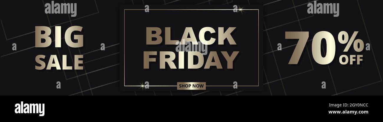 Black friday, modèle de bannière large en or abstrait. Solde jusqu'à 70 % de réduction. Le vendredi noir de luxe foncé doré grand fond. Illustration de Vecteur