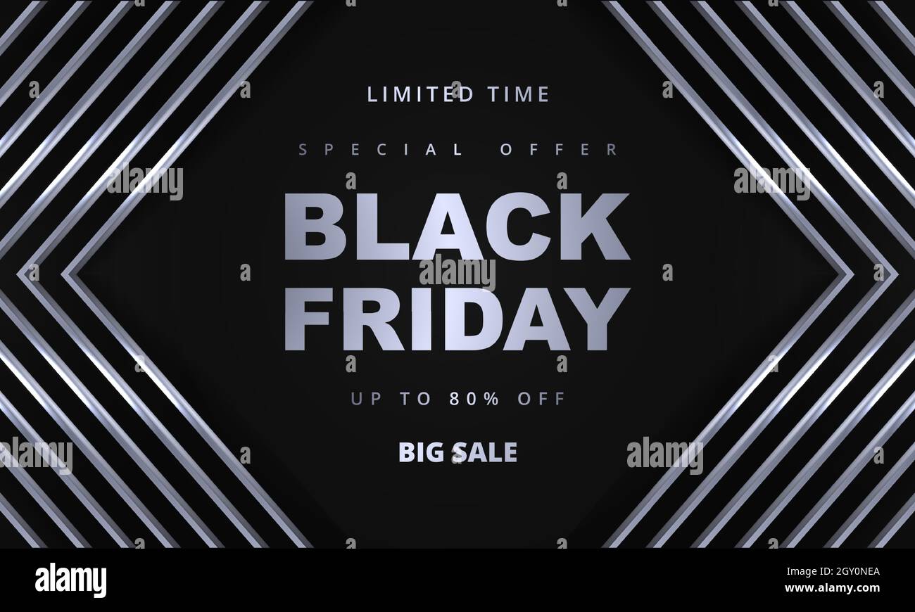 Modèle de bannière de promotion du Vendredi fou. Arrière-plan gris et argent de luxe sombre. Illustration de Vecteur