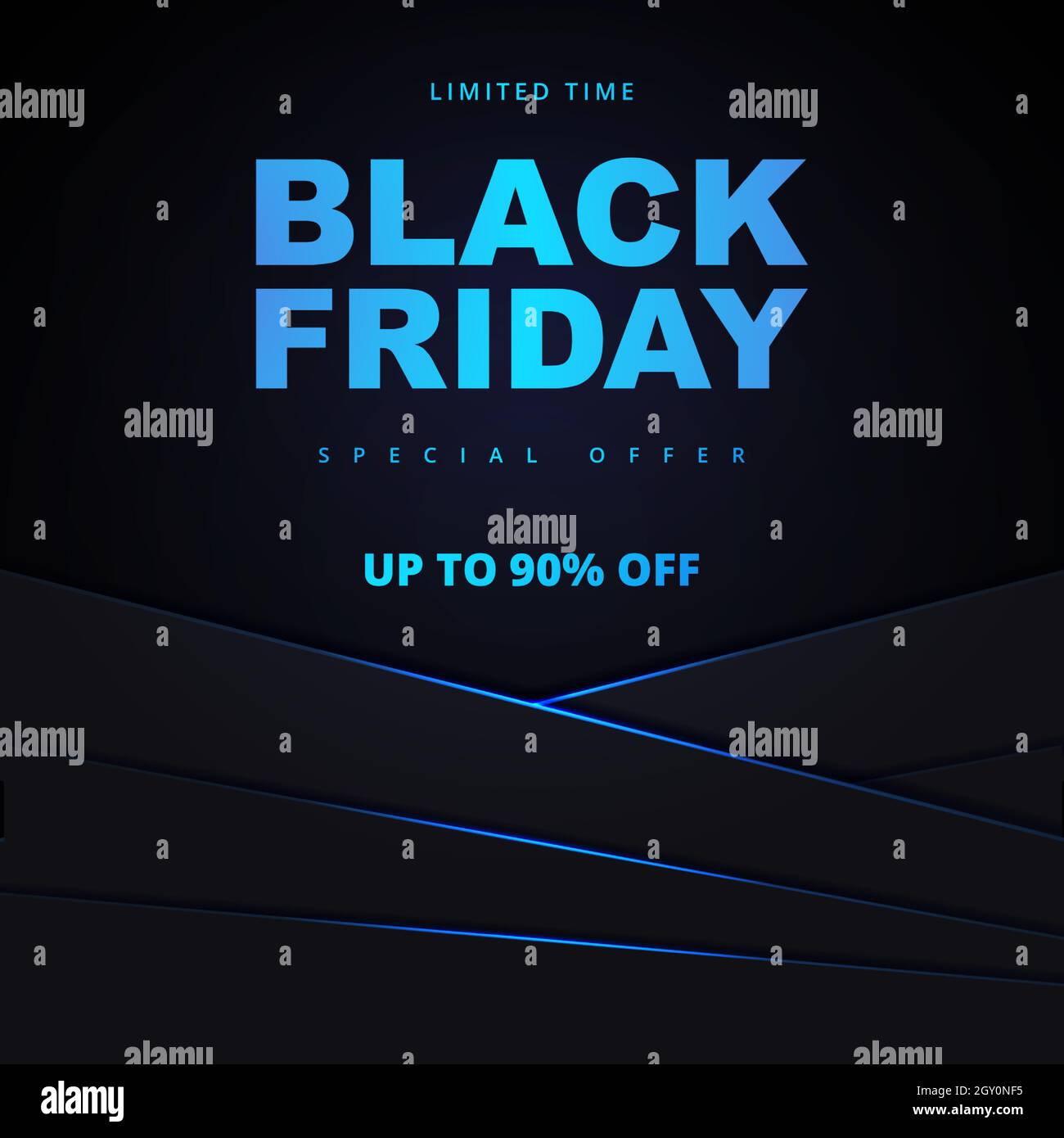 Bannière promotionnelle du Vendredi fou. Modèle de bannière de solde noir vendredi fluo foncé et bleu. Illustration de Vecteur