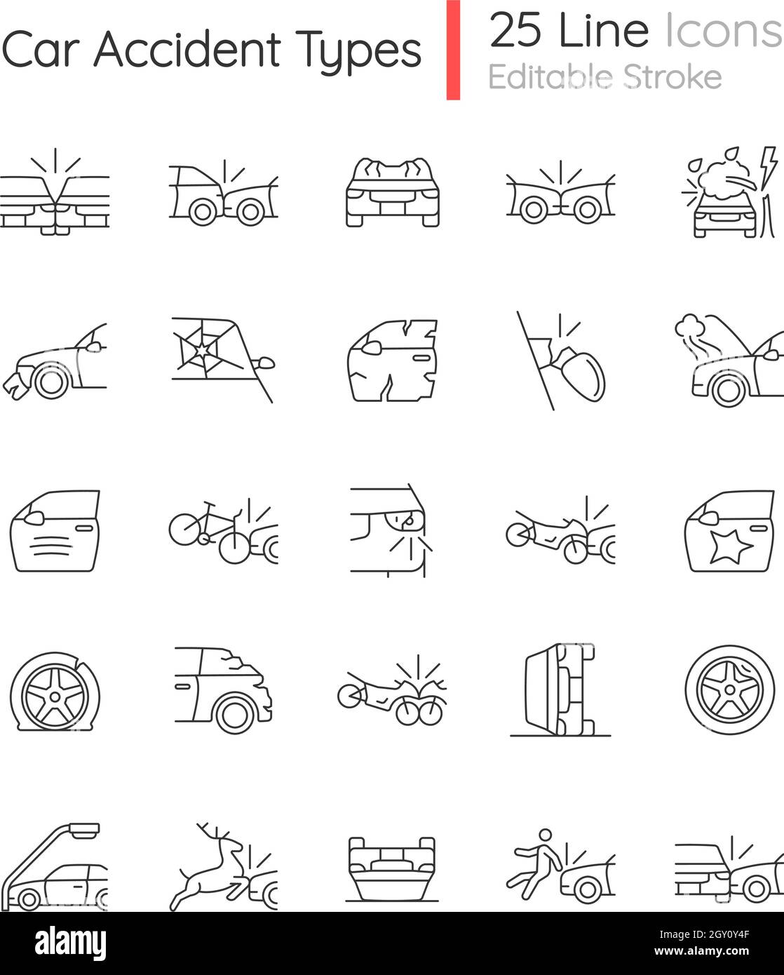 Types d'accident de voiture ensemble d'icônes linéaires Illustration de Vecteur