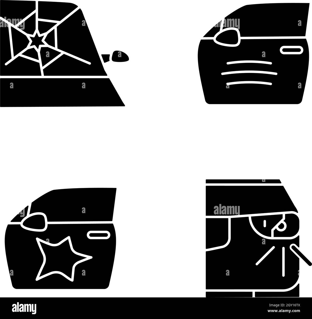 Types d'accident automatique icônes de glyphe noir définies sur un espace blanc Illustration de Vecteur