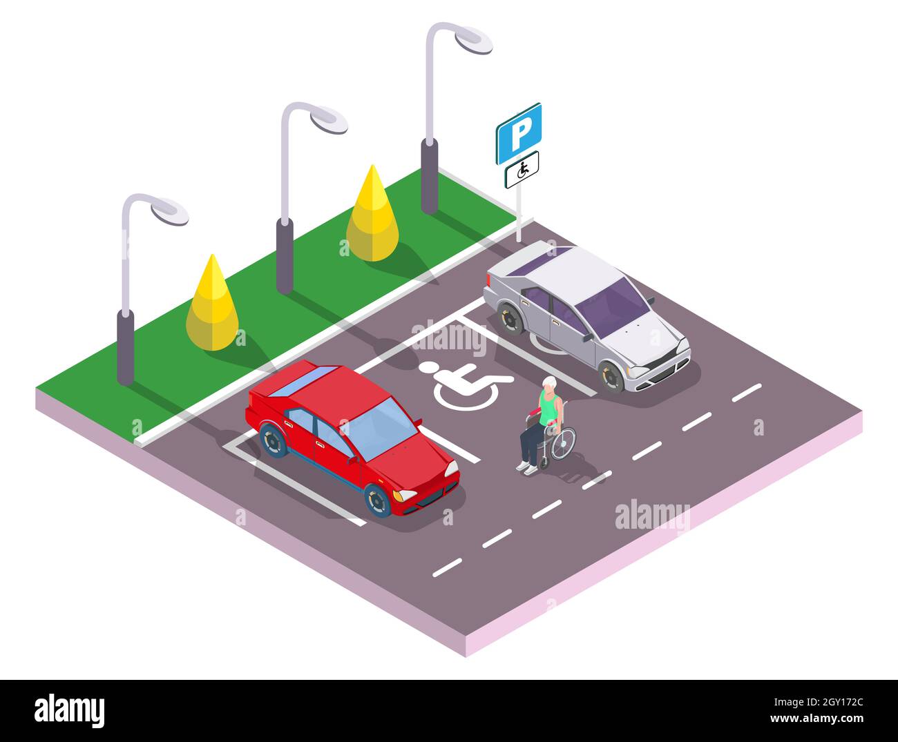 Homme en fauteuil roulant dans une place de stationnement accessible pour voitures, illustration isométrique vectorielle.Parking pour personnes à mobilité réduite. Illustration de Vecteur