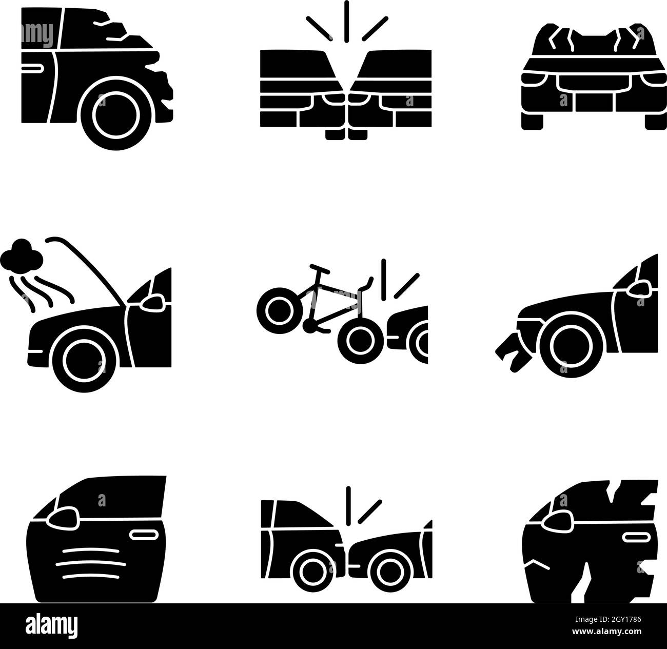 Les accidents de la circulation routière sont des icônes de glyphe noires placées sur un espace blanc Illustration de Vecteur