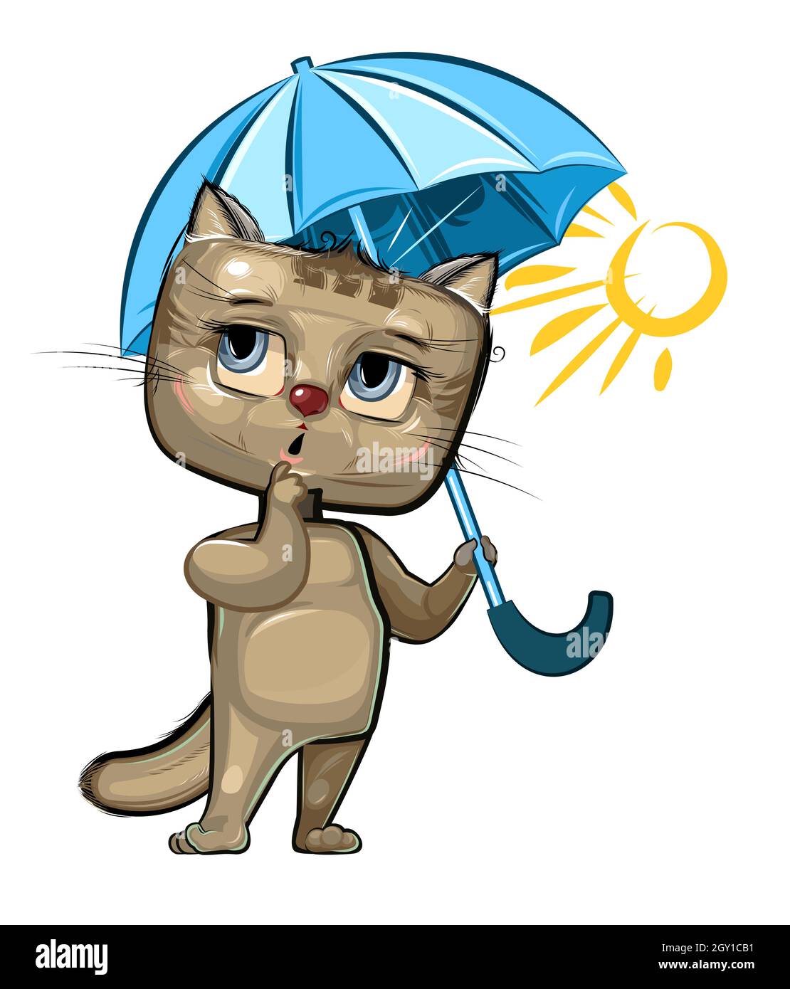 Chat mignon drôle avec un parapluie. Il n'y a pas de pluie et le soleil  brille. Le gamin est un animal. Illustration pour les enfants. Style de  dessin animé. Isolé sur Image