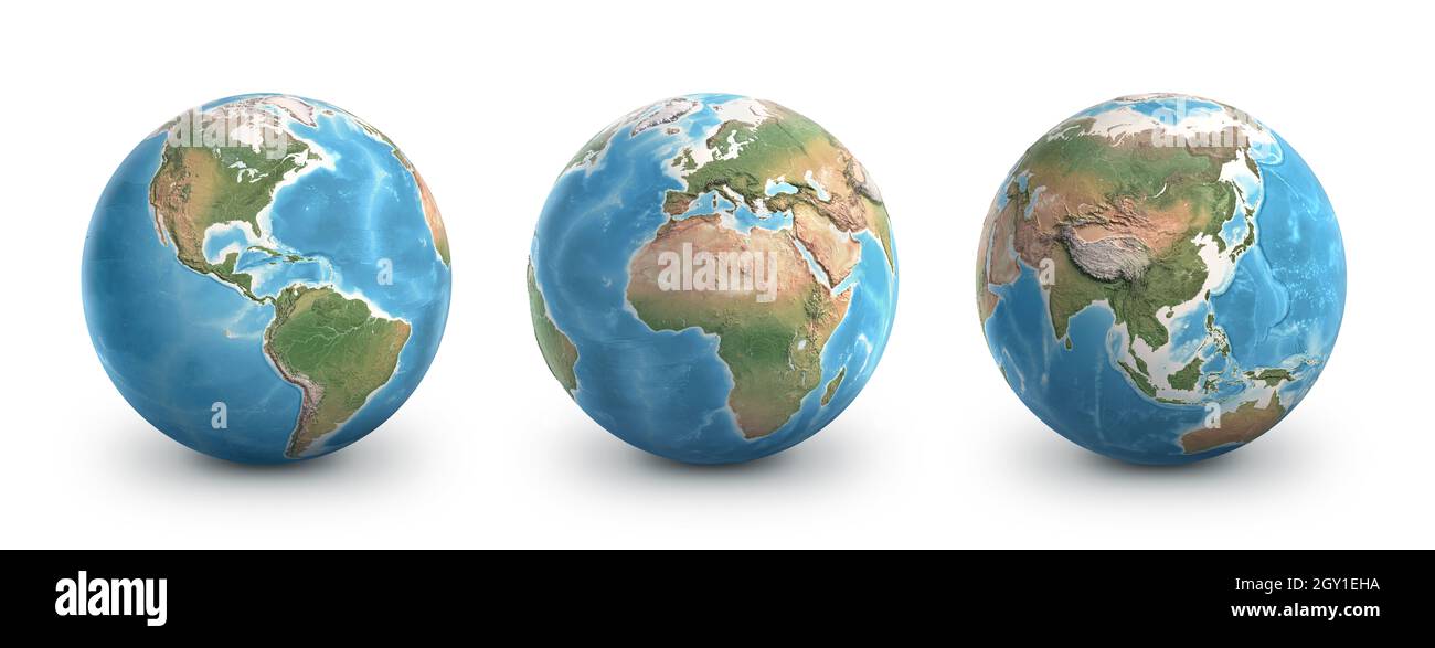 Planète Terre globes, isolés sur blanc. Géographie du monde de l'espace, axée sur l'Amérique, l'Europe, l'Afrique et l'Asie. Éléments fournis par la NASA Banque D'Images