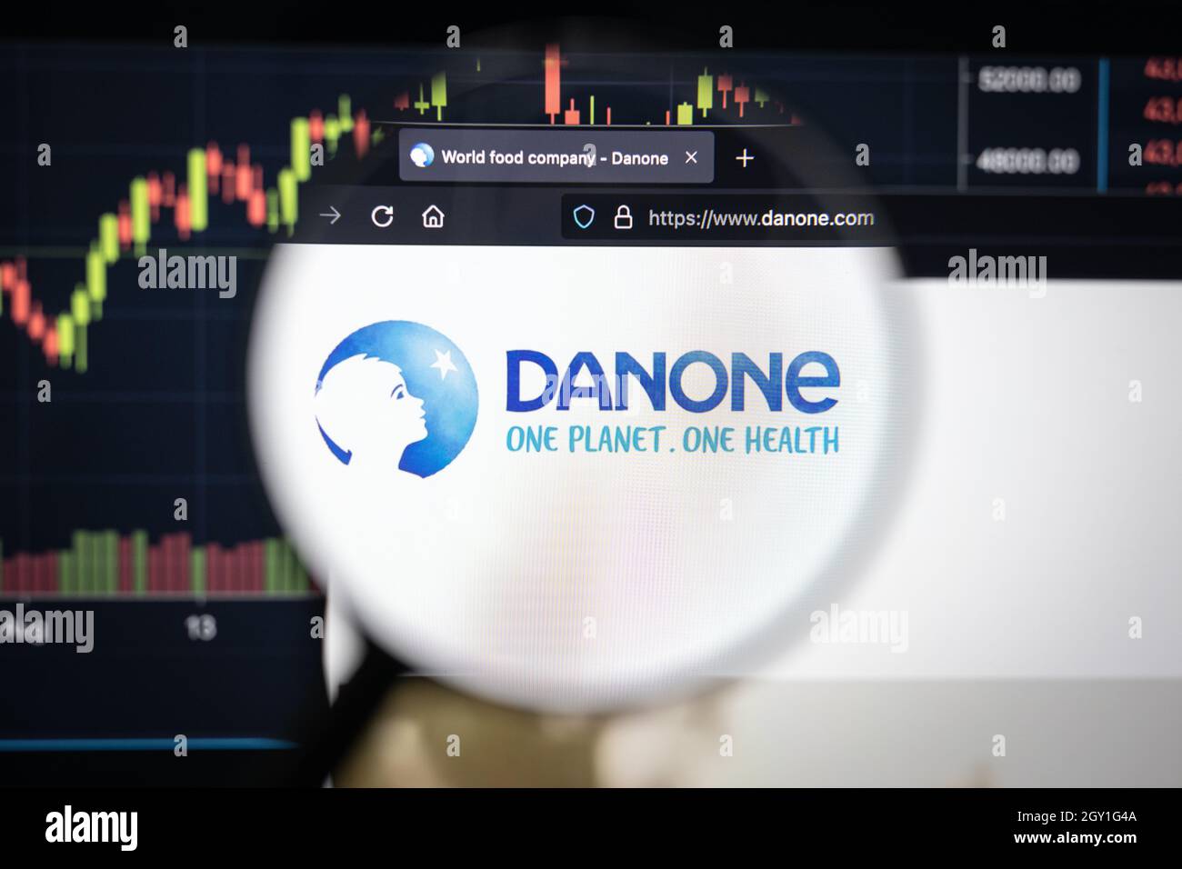 Le logo de la société Danone sur un site web avec des développements flous  du marché boursier en arrière-plan, vu sur un écran d'ordinateur à travers  une loupe Photo Stock - Alamy