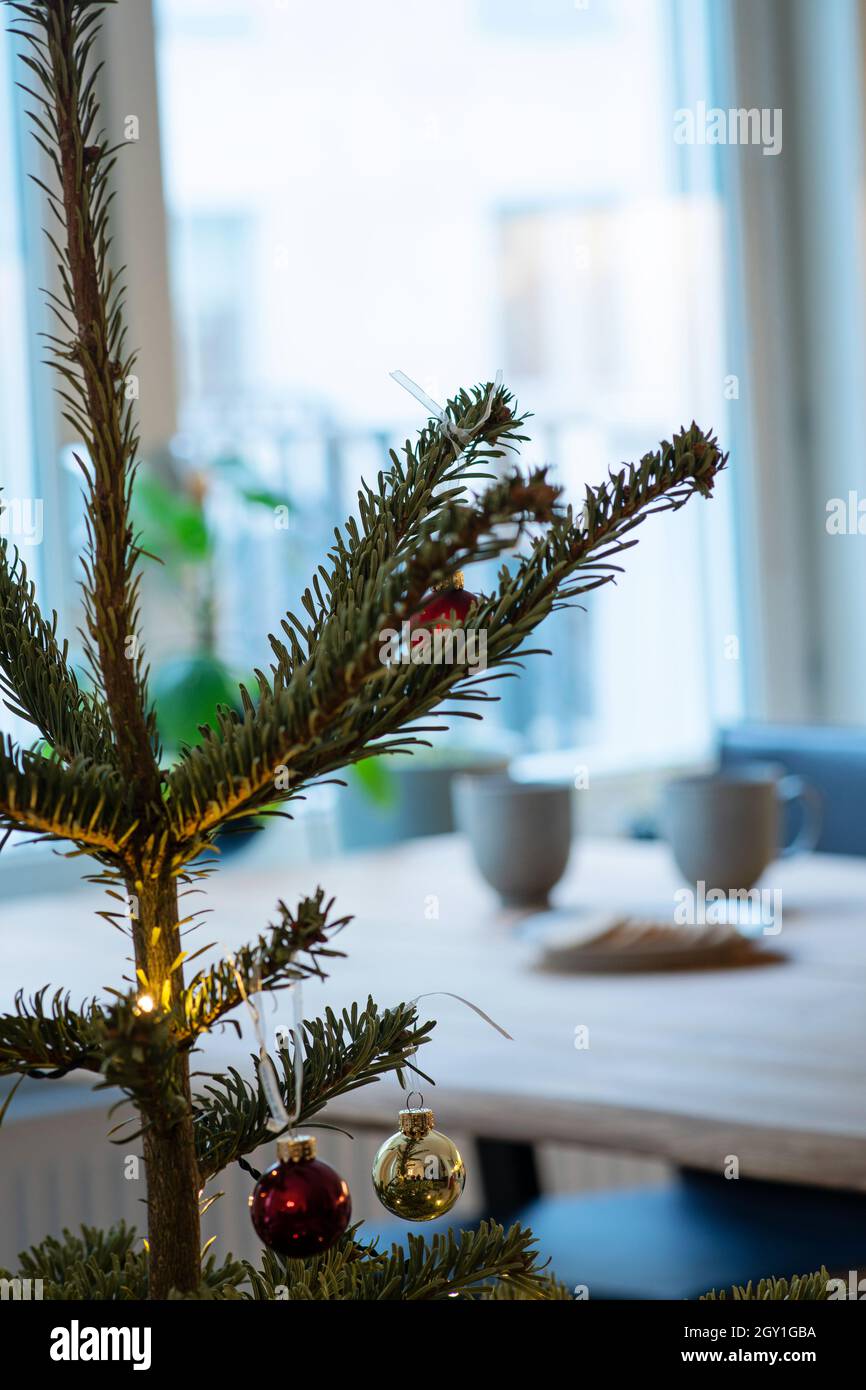 Arbre de Noël en vue.Hors foyer, en arrière-plan, pain d'épice de Noël et tasses de café sur la table de cuisine.Photo prise en Suède. Banque D'Images