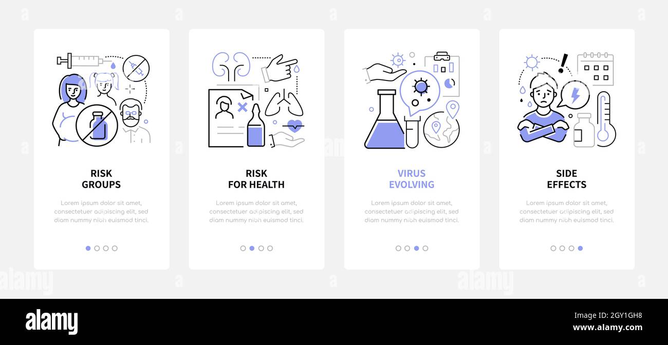 Vaccination - jeu de bannières style moderne. Écrans d'une application mobile dédiée à la vaccination. Illustrations noires et bleues avec espace de copie pour Illustration de Vecteur