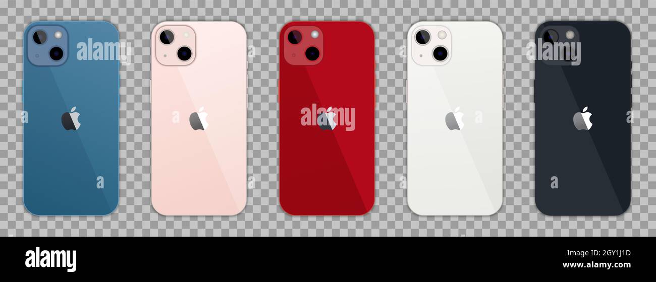 Vinnytsia, Ukraine - 6 octobre 2021. Nouvel iPhone 13. Nouveau rose,  nouveau bleu, nouveau minuit, nouveau Starlight, Nouvelle couleur rouge par  Apple inc. Maquette iPhone front Image Vectorielle Stock - Alamy