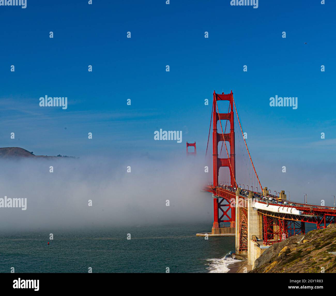 Vue sur le pont du Golden Gate et les cyprès depuis le parking de Battery Godfrey Banque D'Images