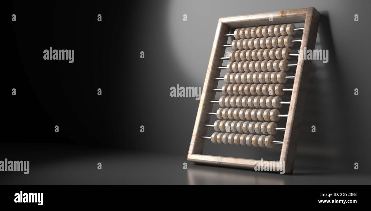 Compter abacus avec des perles en bois et cadre contre le mur noir, fond sombre, lumière sur l'abacus. Équipement traditionnel pour les enfants en classe scolaire Banque D'Images