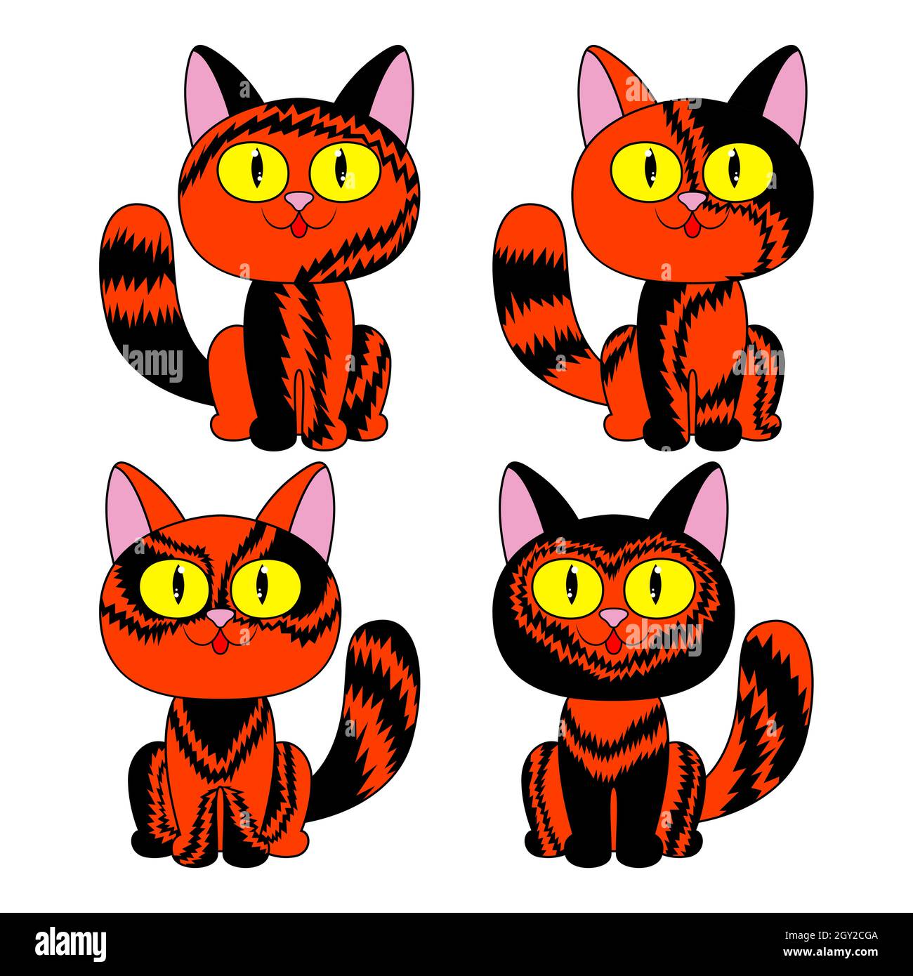 Quatre chats animés amusants pour Halloween en noir et orange isolés sur fond blanc, image d'animaux de compagnie Illustration de Vecteur