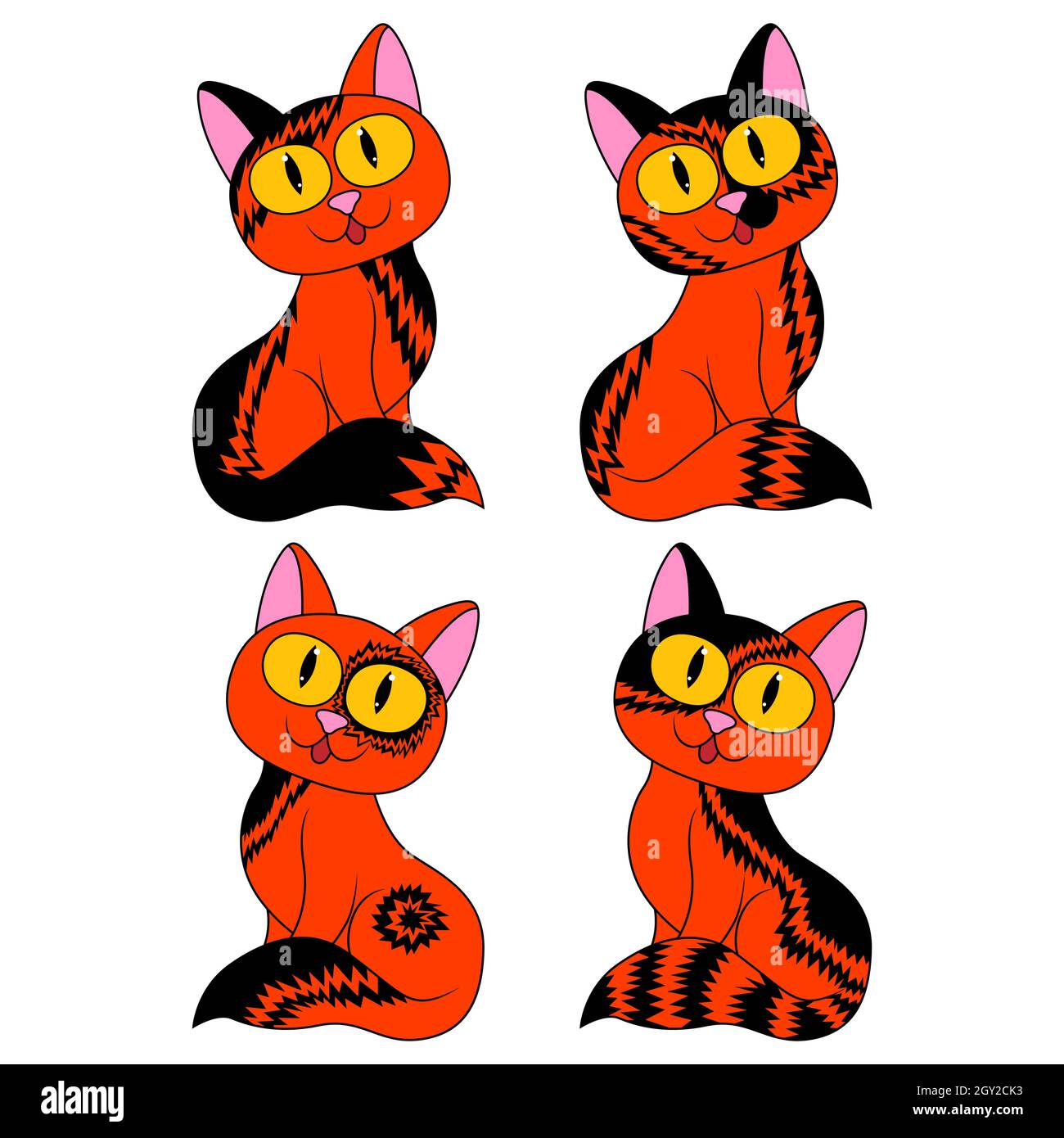 Quatre chats cartoon différents pour Halloween en noir et orange couleurs isolées sur fond blanc, image des animaux de compagnie Illustration de Vecteur