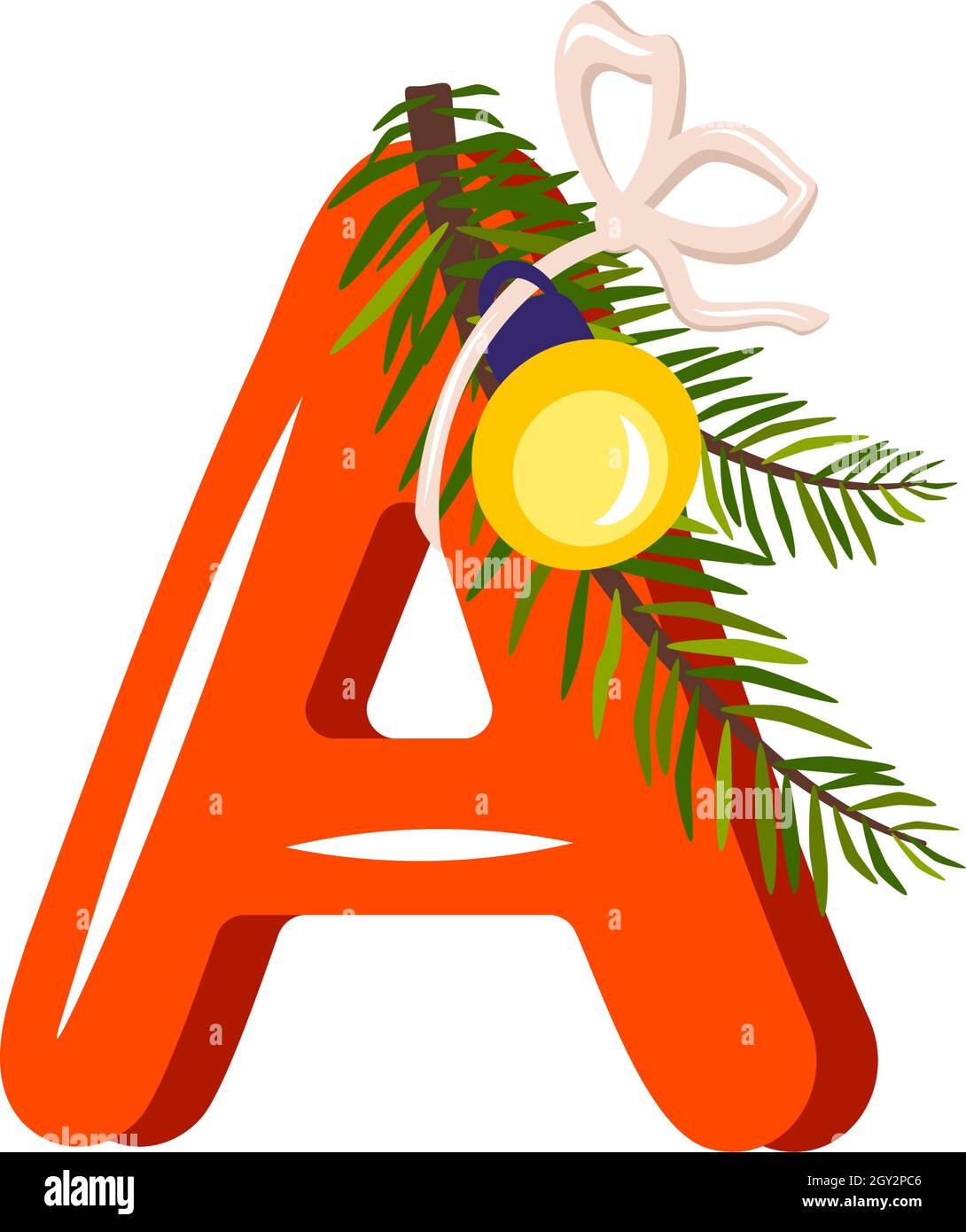 Lettre rouge A avec branche d'arbre de Noël verte, boule avec noeud. Police festive pour une bonne année et un alphabet lumineux Illustration de Vecteur