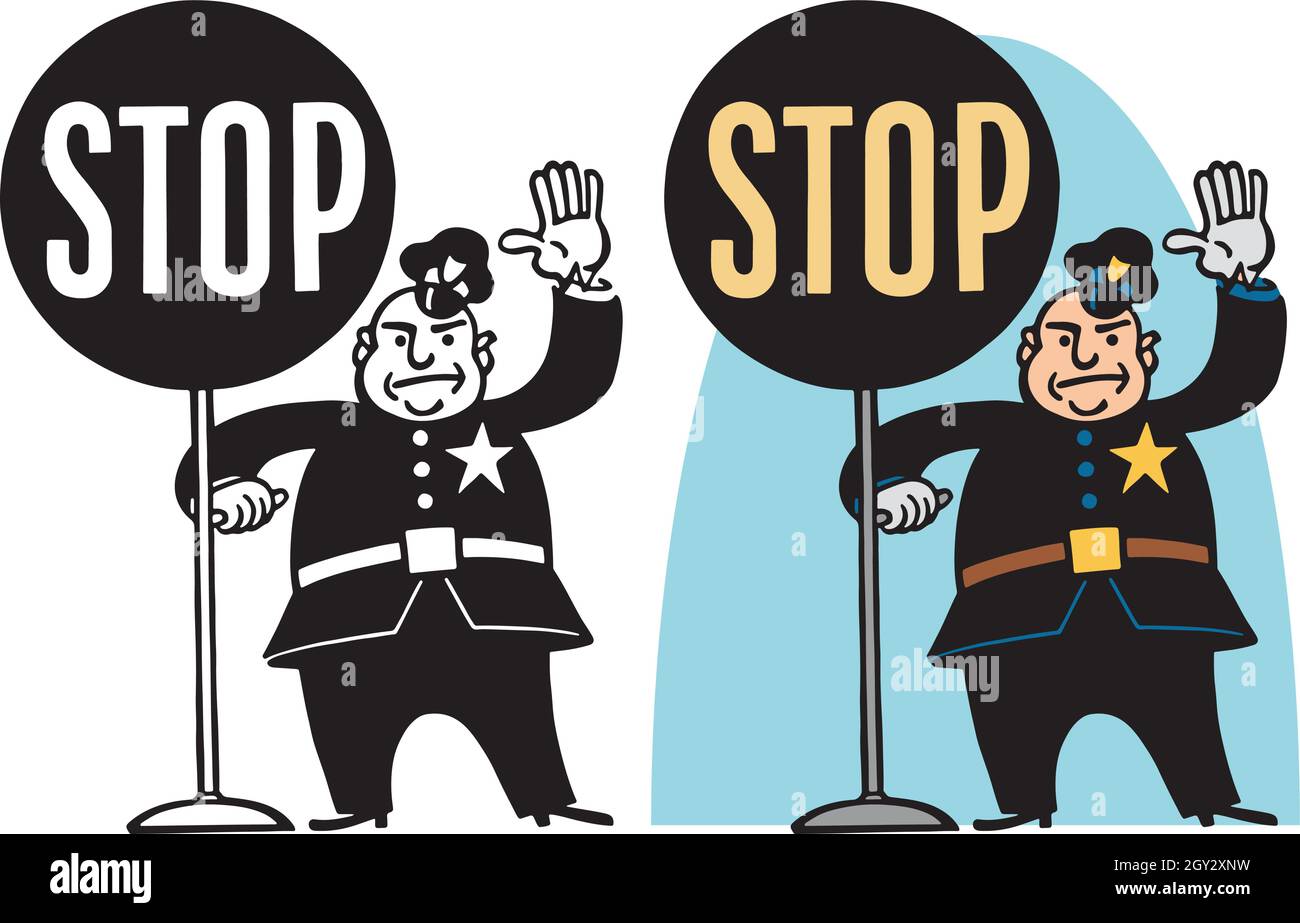 Un dessin animé rétro vintage d'un policier portant un grand panneau d'arrêt. Illustration de Vecteur